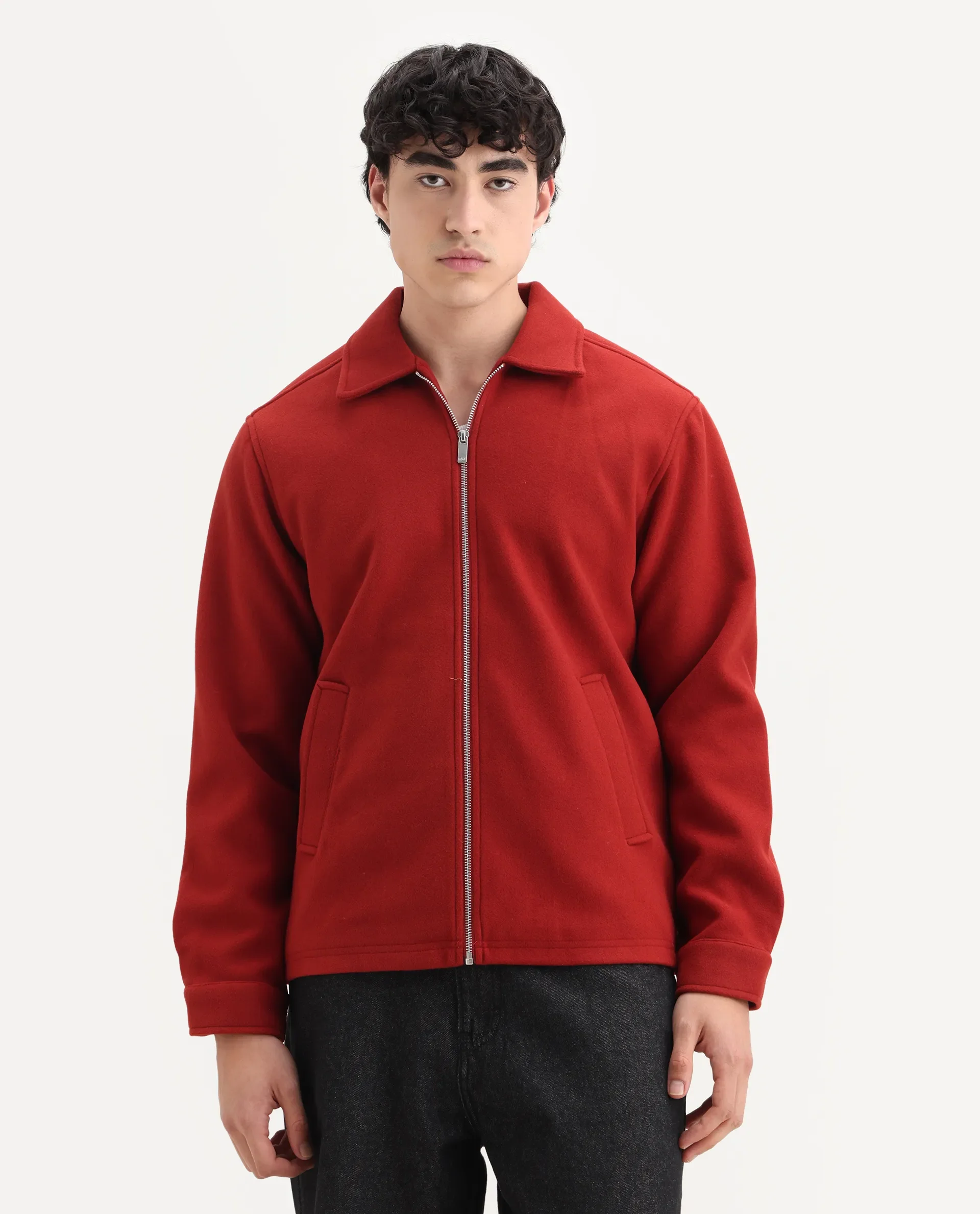 Rare Rabbit Men's Tweeder-25 Rust Polyester Blend Fabric Collared Neck Regular Fit Plain Jacket - Image 3