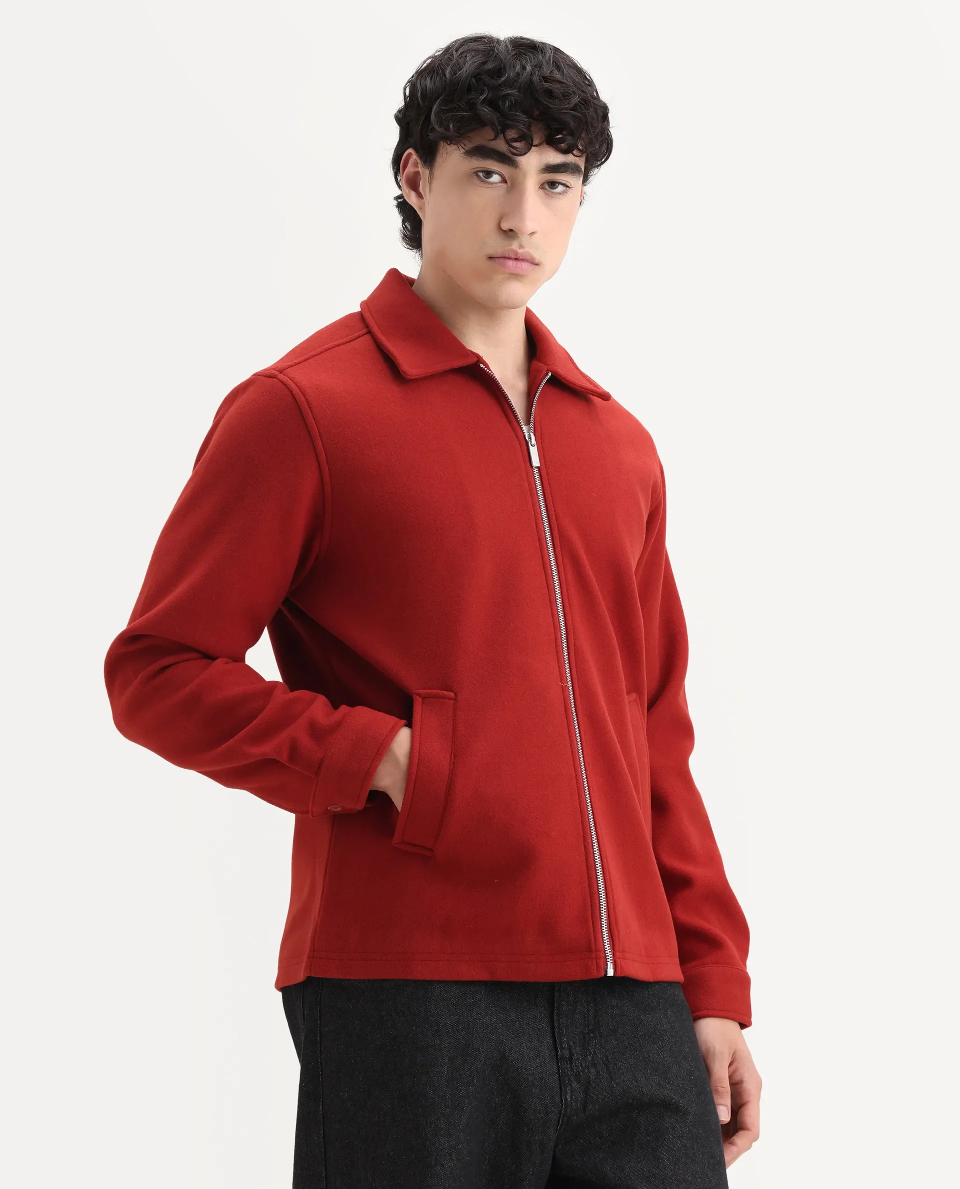 Rare Rabbit Men's Tweeder-25 Rust Polyester Blend Fabric Collared Neck Regular Fit Plain Jacket - Image 5