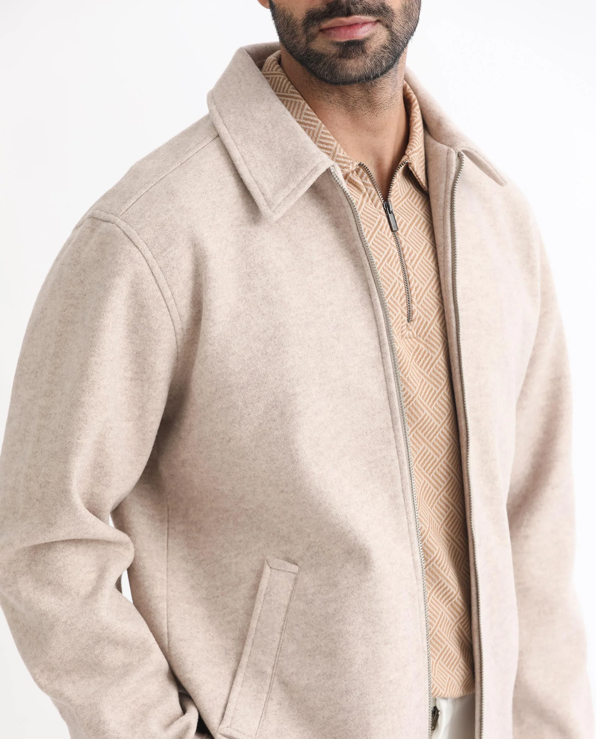 Rare Rabbit Men's Tweeder Beige Polyester Textured Regular Fit Full Sleeve Spread Collar Jacket - Image 3