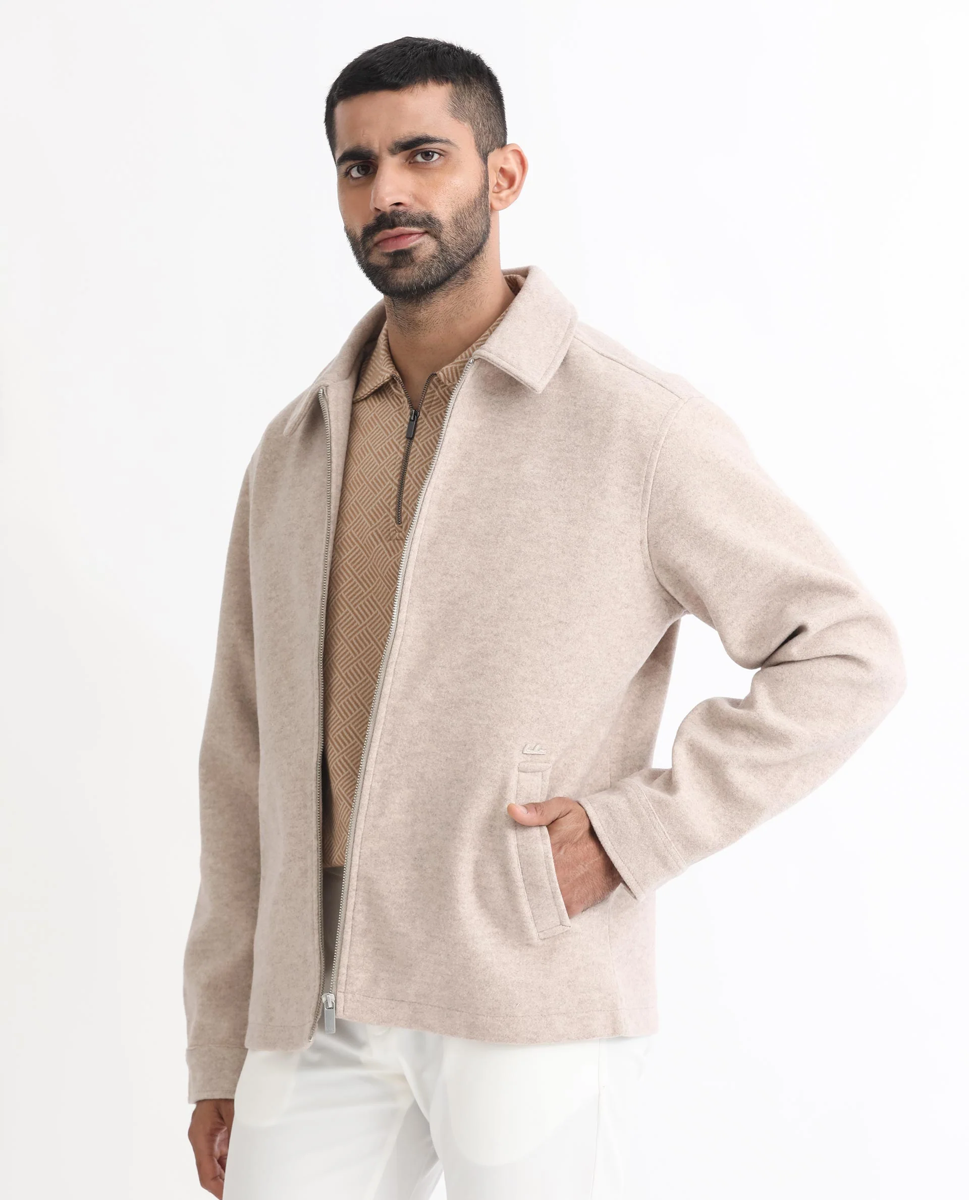 Rare Rabbit Men's Tweeder Beige Polyester Textured Regular Fit Full Sleeve Spread Collar Jacket - Image 5