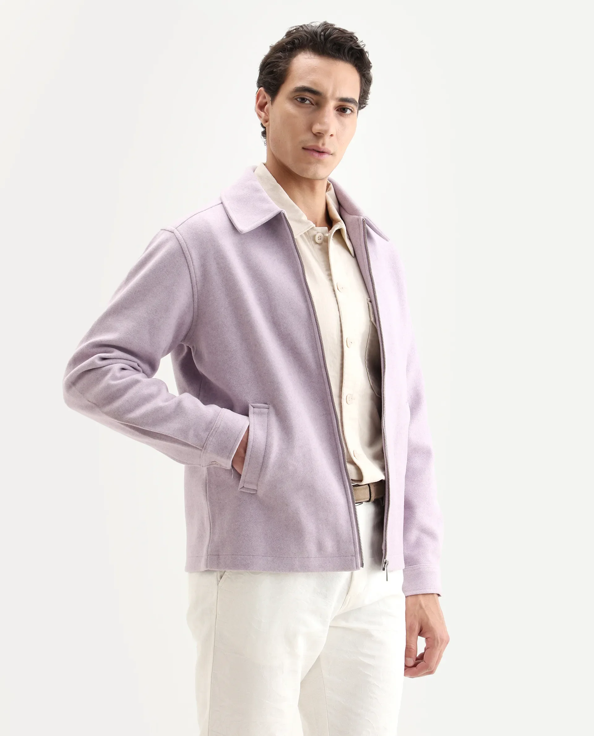 Rare Rabbit Men's Tweeder Pastel Purple Polyester Textured Regular Fit Full Sleeve Spread Collar Jacket - Image 6