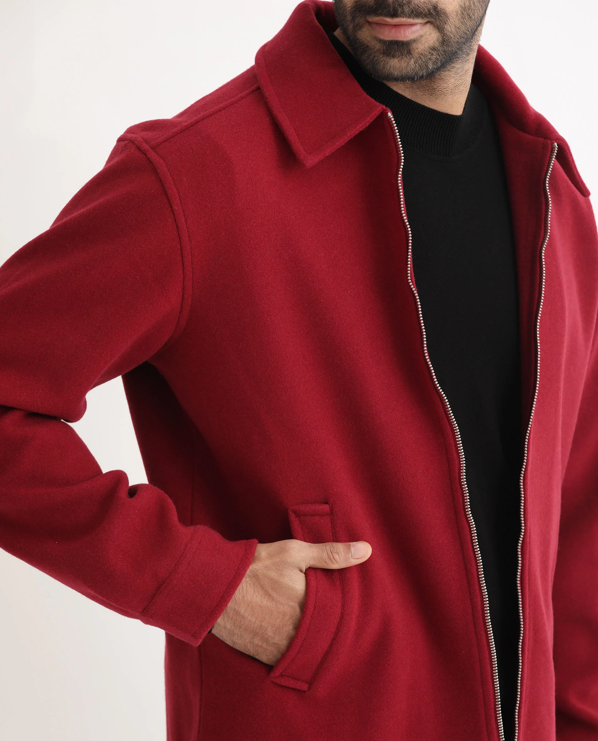 Rare Rabbit Men's Tweeder Red Polyester Textured Regular Fit Full Sleeve Spread Collar Jacket - Image 4