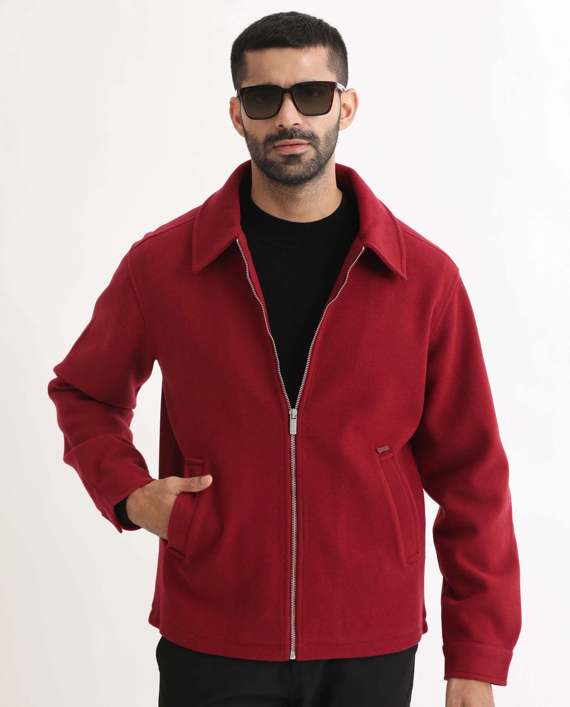 Rare Rabbit Men's Tweeder Red Polyester Textured Regular Fit Full Sleeve Spread Collar Jacket - Image 6