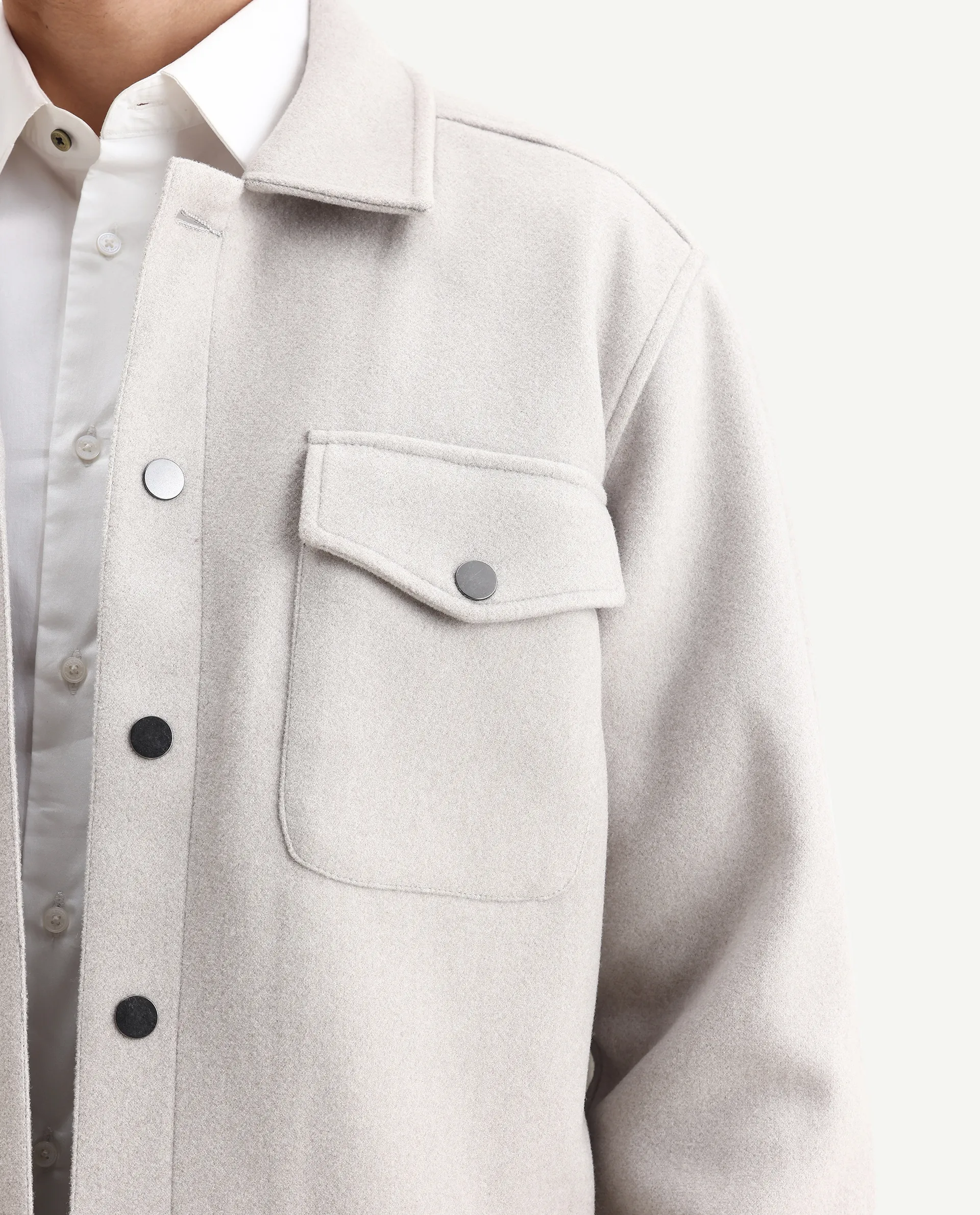 Rare Rabbit Men's Tweedo-25 Light Grey Olyester Textured Relaxed Fit Full Sleeve Spread Collar Jacket