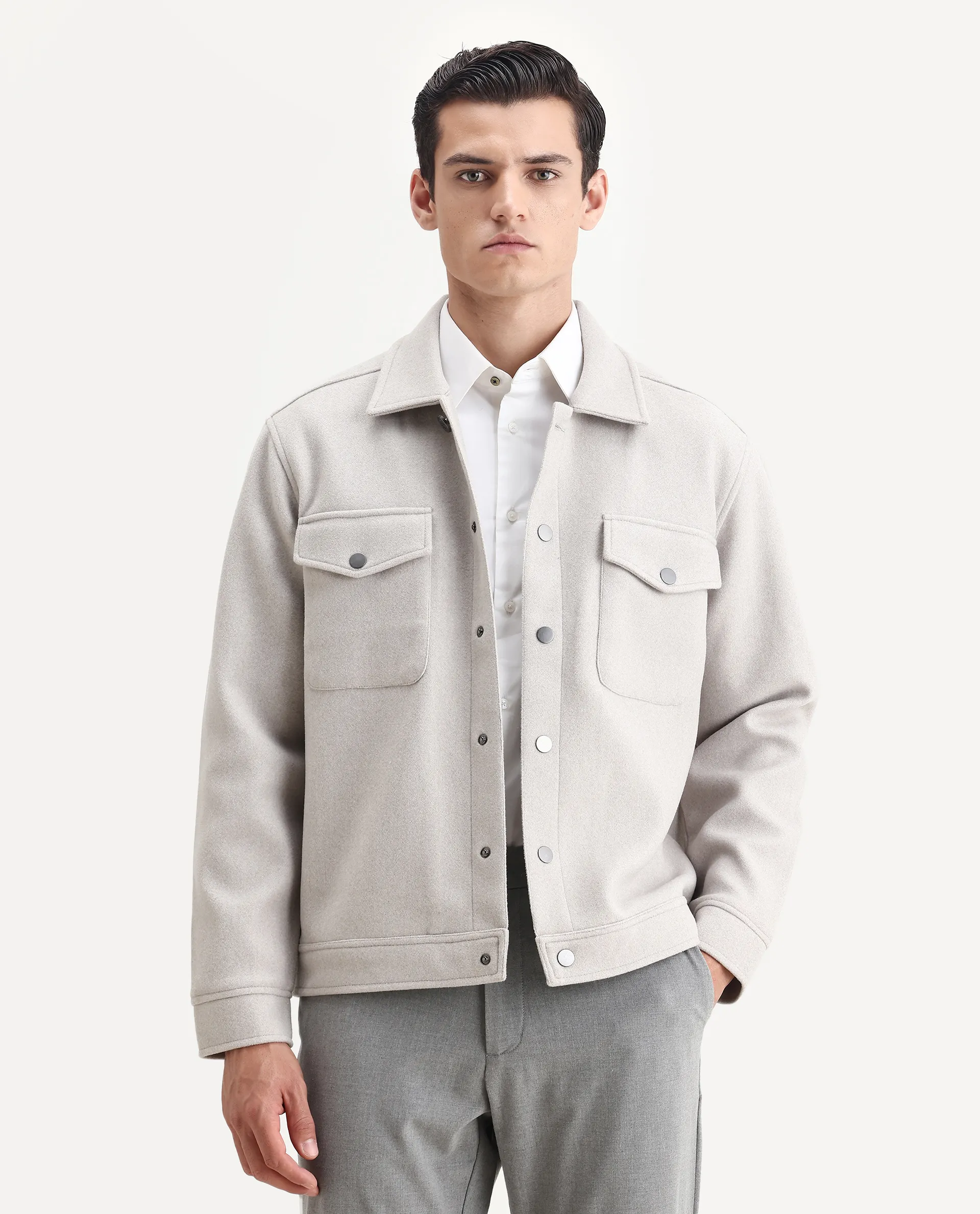 Rare Rabbit Men's Tweedo-25 Light Grey Olyester Textured Relaxed Fit Full Sleeve Spread Collar Jacket - Image 2
