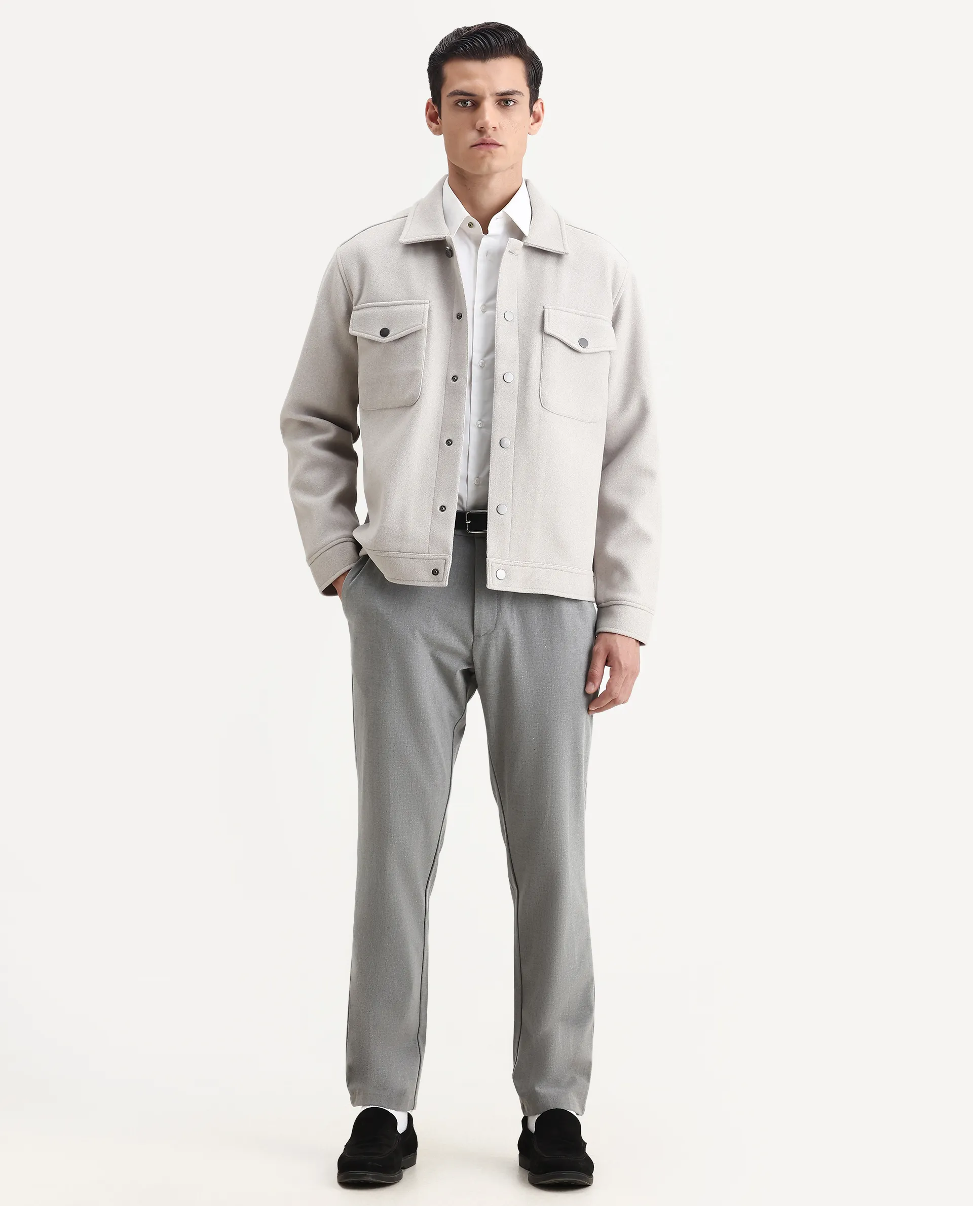 Rare Rabbit Men's Tweedo-25 Light Grey Olyester Textured Relaxed Fit Full Sleeve Spread Collar Jacket - Image 3