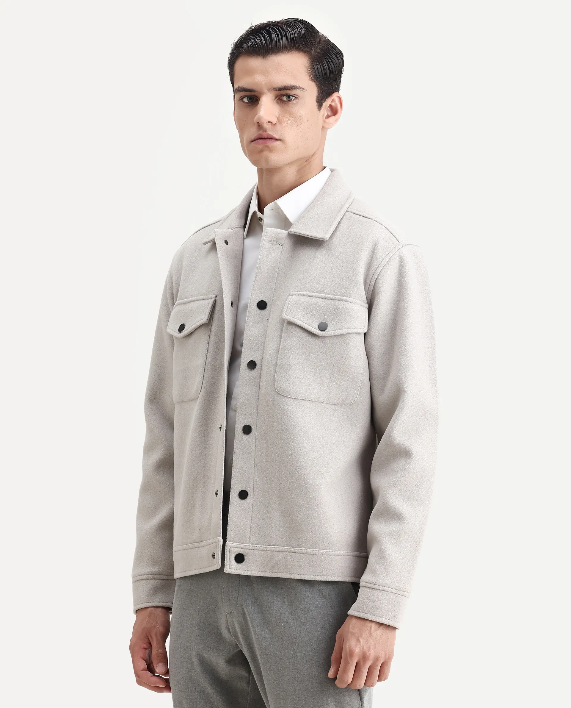 Rare Rabbit Men's Tweedo-25 Light Grey Olyester Textured Relaxed Fit Full Sleeve Spread Collar Jacket - Image 4