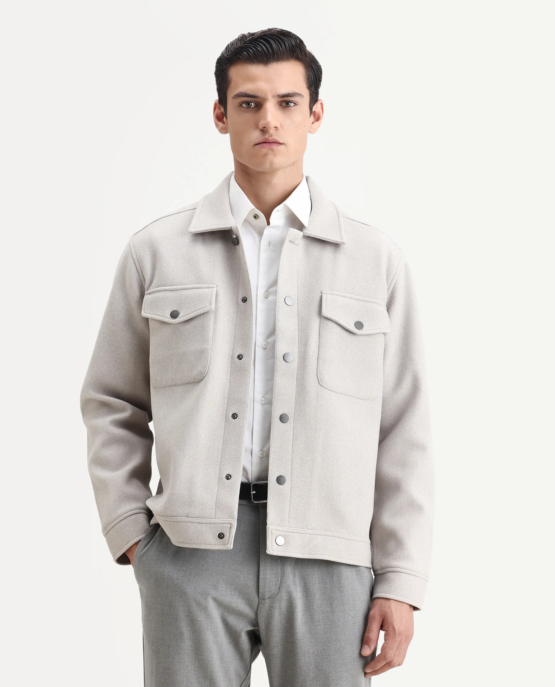 Rare Rabbit Men's Tweedo-25 Light Grey Olyester Textured Relaxed Fit Full Sleeve Spread Collar Jacket - Image 5
