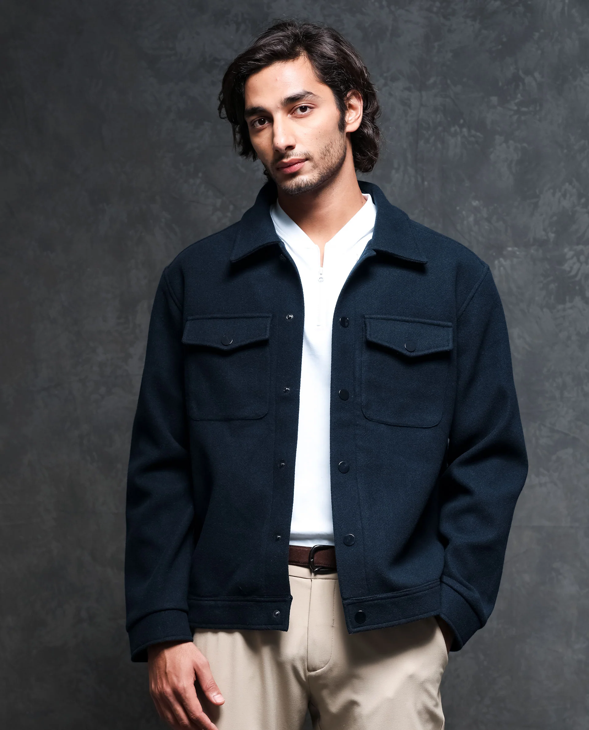 Rare Rabbit Men's Tweedo Navy Polyester Textured Regular Fit Full Sleeve Spread Collar Jacket