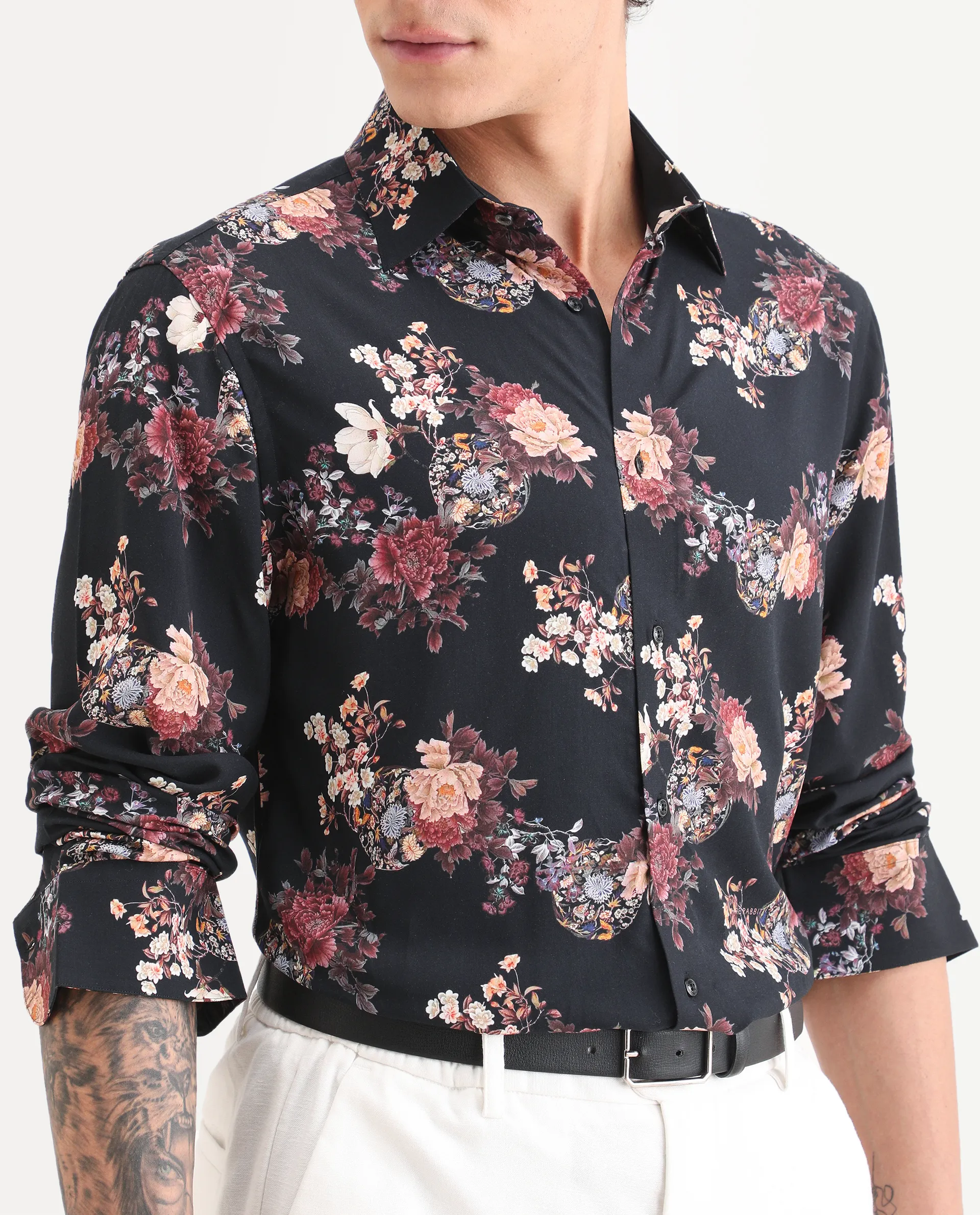 Rare Rabbit Men's Twel Black Viscose Fabric Full Sleeve Spread Collar Regular Fit Floral Print Shirt - Image 3