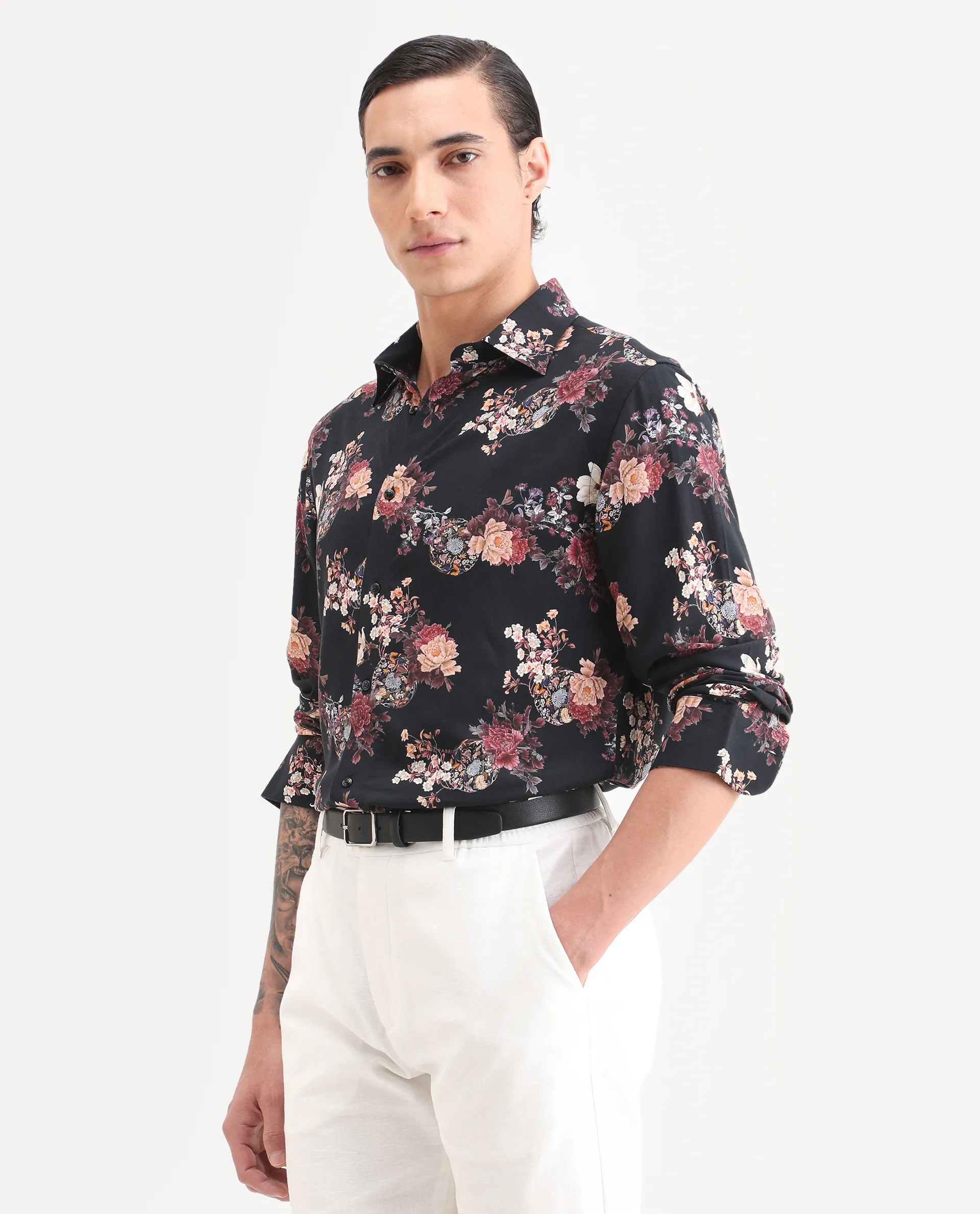 Rare Rabbit Men's Twel Black Viscose Fabric Full Sleeve Spread Collar Regular Fit Floral Print Shirt - Image 4
