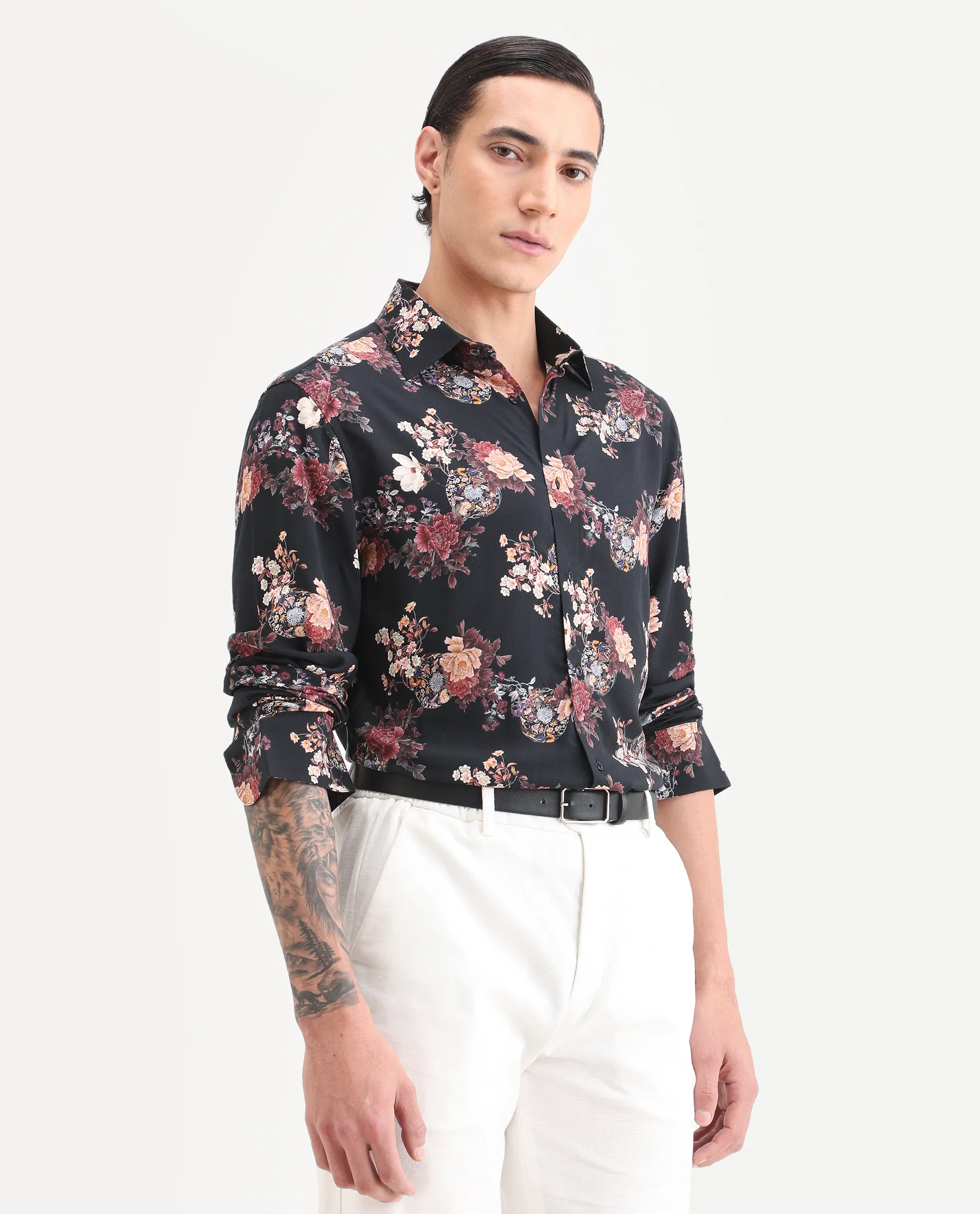 Rare Rabbit Men's Twel Black Viscose Fabric Full Sleeve Spread Collar Regular Fit Floral Print Shirt - Image 5