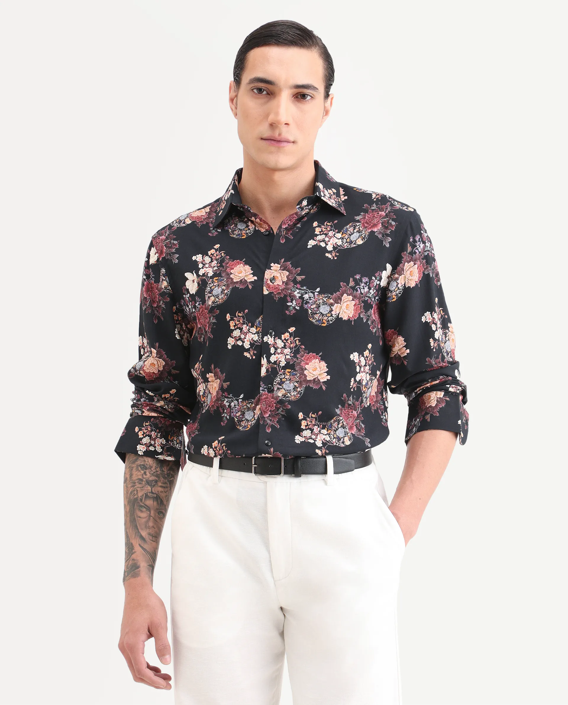 Rare Rabbit Men's Twel Black Viscose Fabric Full Sleeve Spread Collar Regular Fit Floral Print Shirt - Image 6