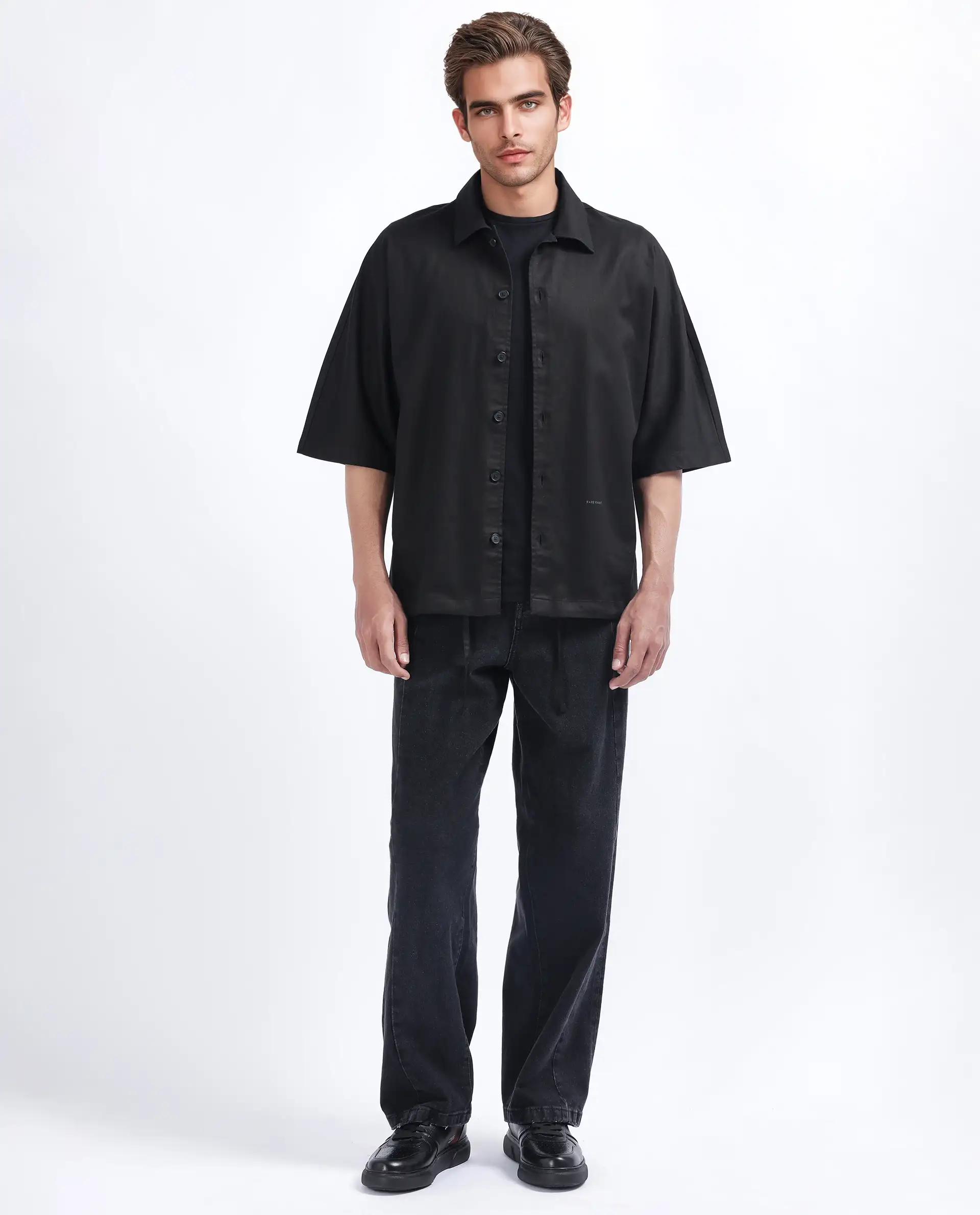 Rare Rabbit Men's Twillt Black Cotton Plain Oversized Fit Full Sleeve Collared Shirt - Image 2