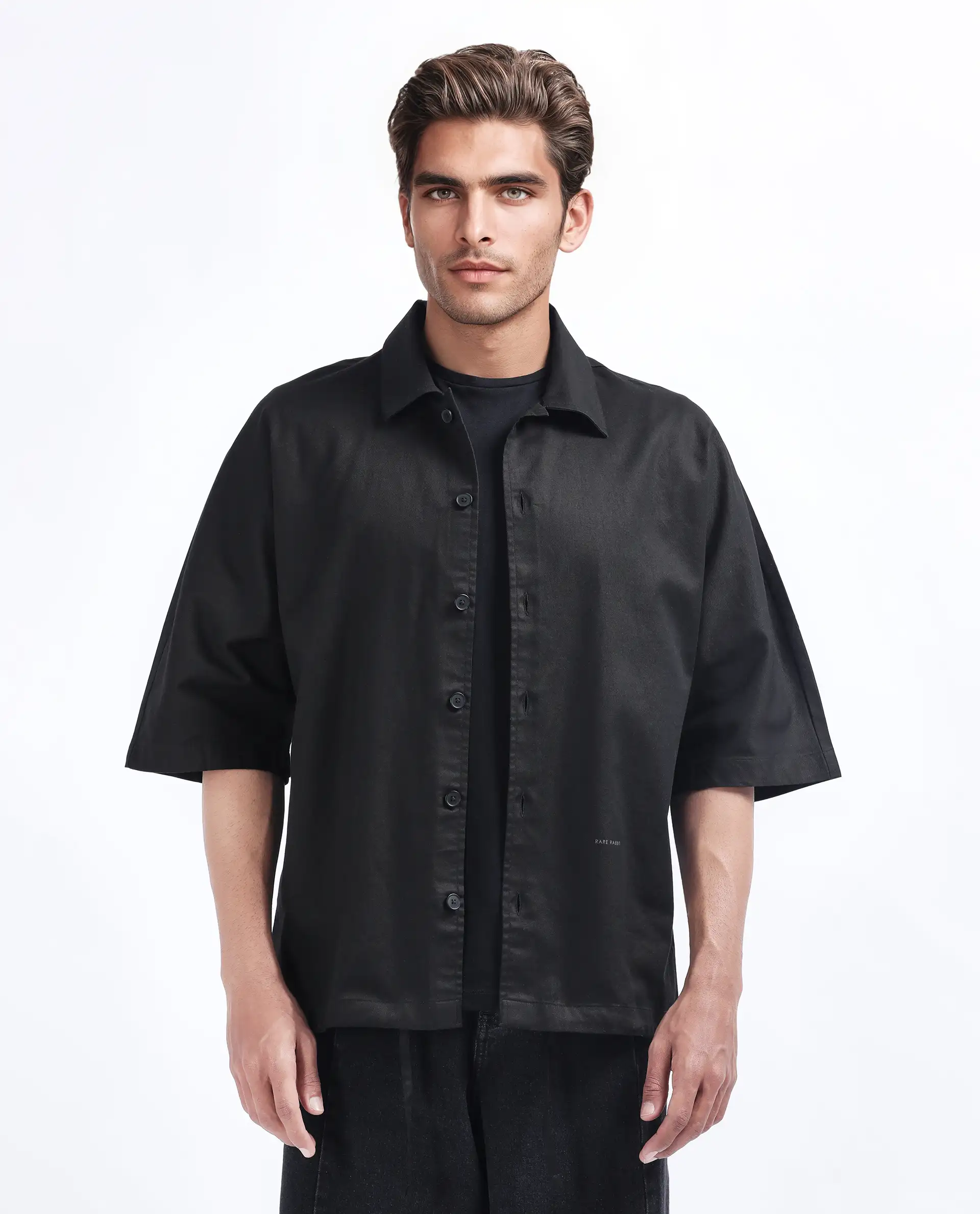Rare Rabbit Men's Twillt Black Cotton Plain Oversized Fit Full Sleeve Collared Shirt - Image 5