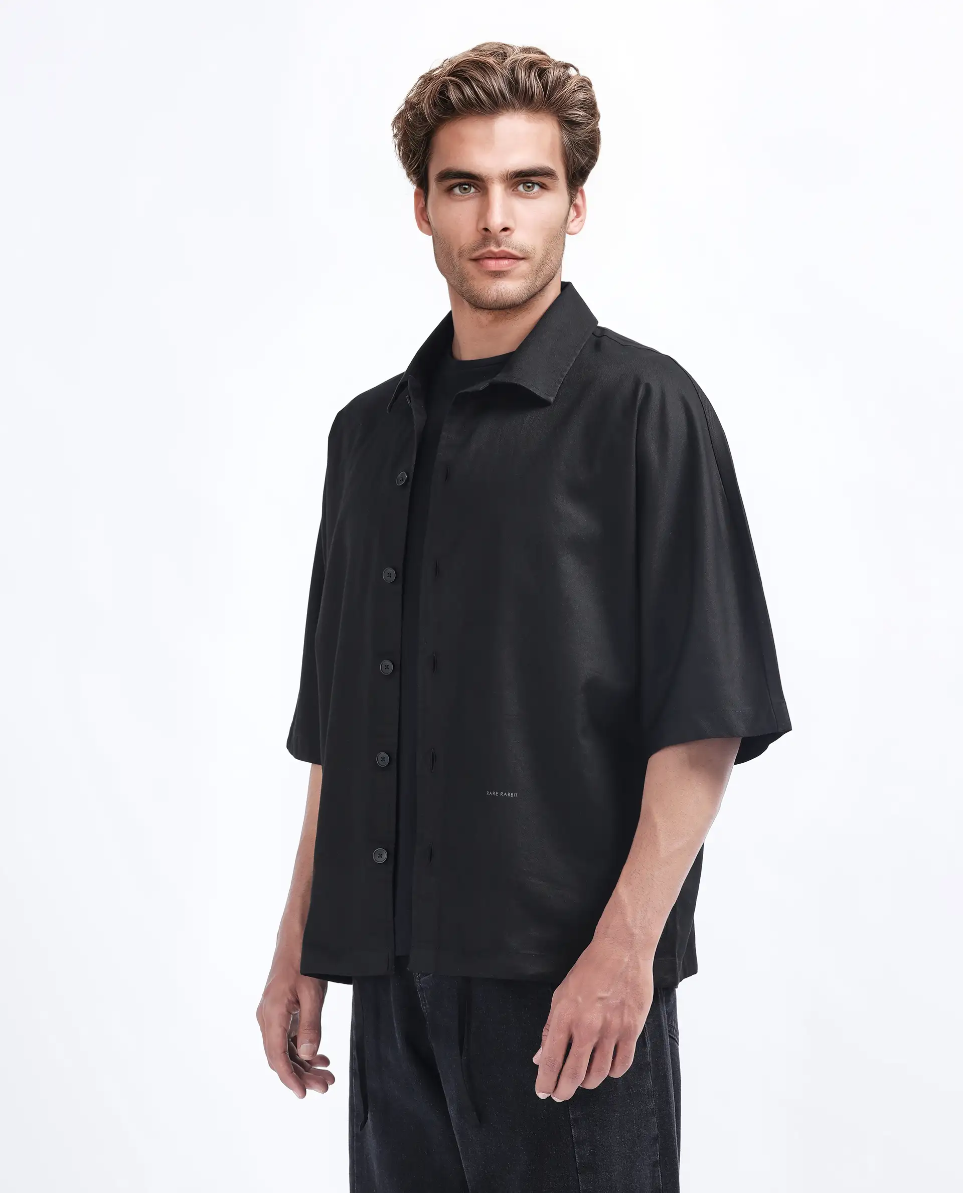 Rare Rabbit Men's Twillt Black Cotton Plain Oversized Fit Full Sleeve Collared Shirt - Image 6