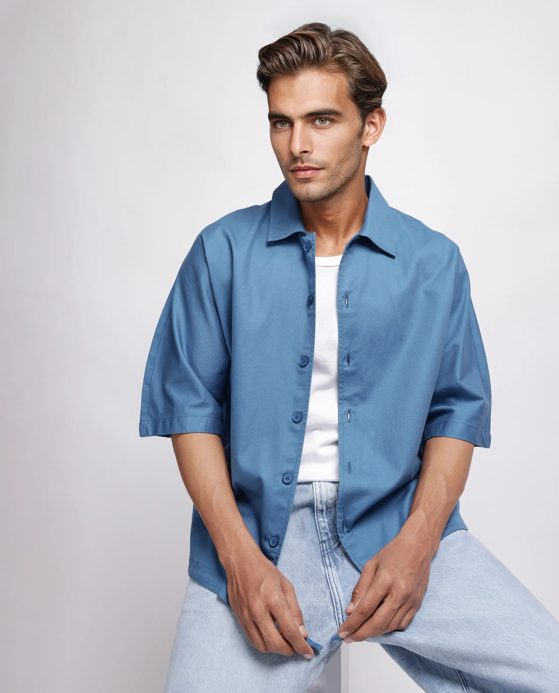 Rare Rabbit Men's Twillt Blue Cotton Plain Oversized Fit Full Sleeve Collared Shirt
