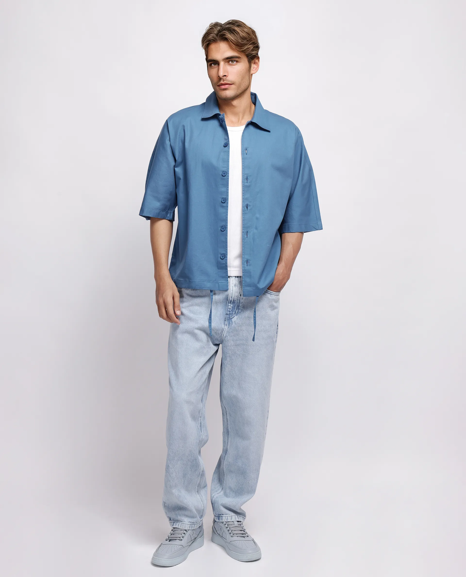 Rare Rabbit Men's Twillt Blue Cotton Plain Oversized Fit Full Sleeve Collared Shirt - Image 2