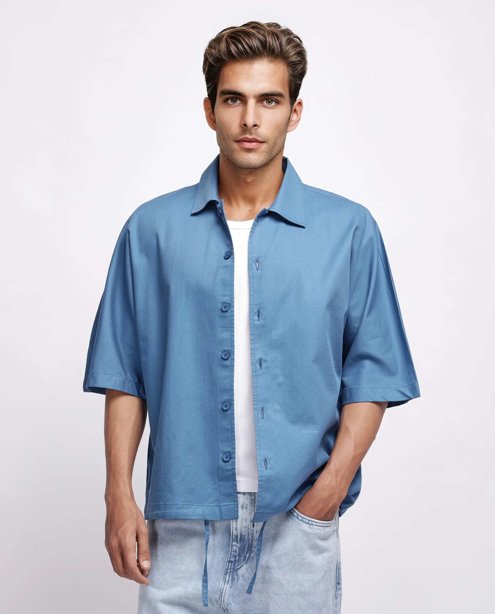 Rare Rabbit Men's Twillt Blue Cotton Plain Oversized Fit Full Sleeve Collared Shirt - Image 5