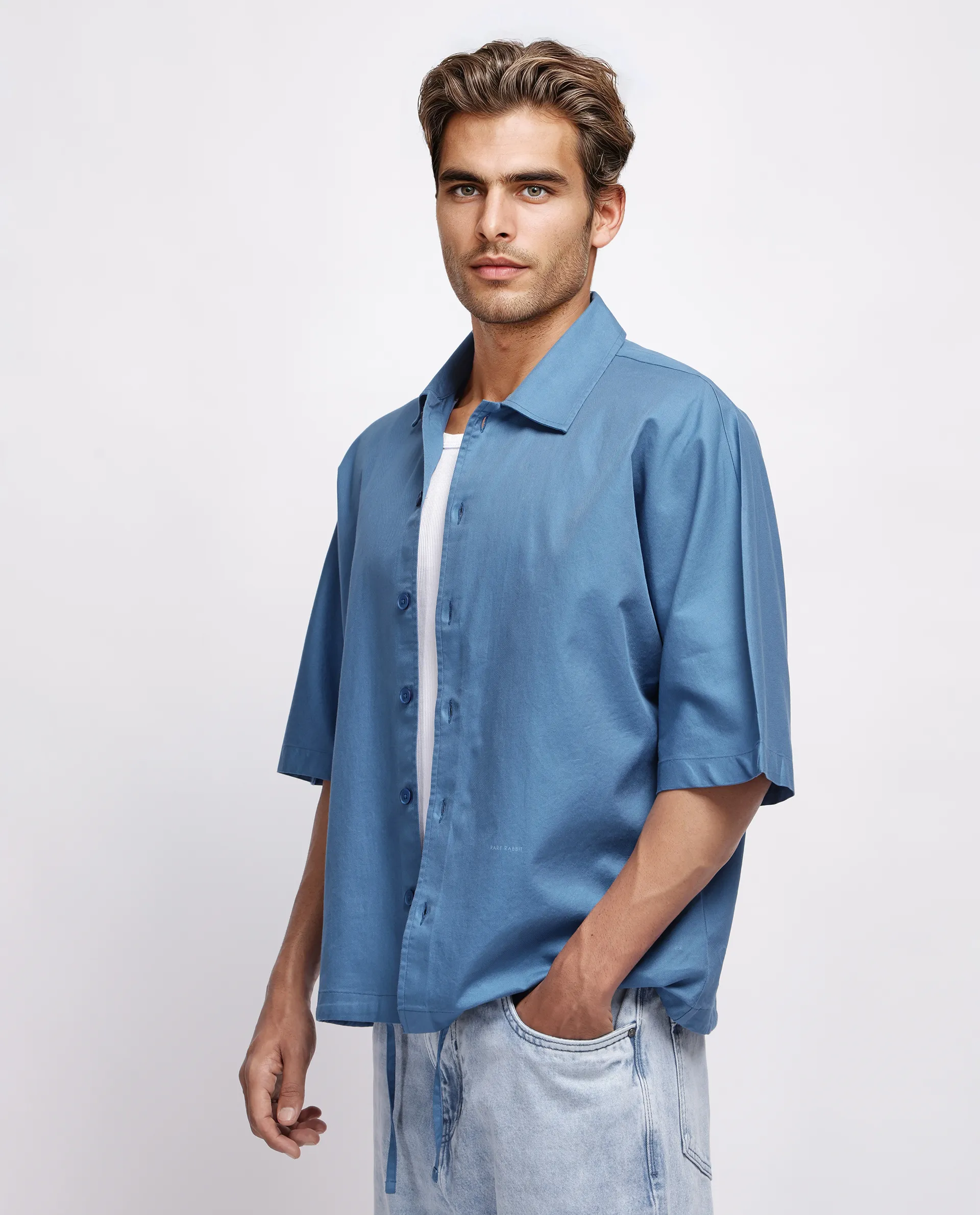 Rare Rabbit Men's Twillt Blue Cotton Plain Oversized Fit Full Sleeve Collared Shirt - Image 6