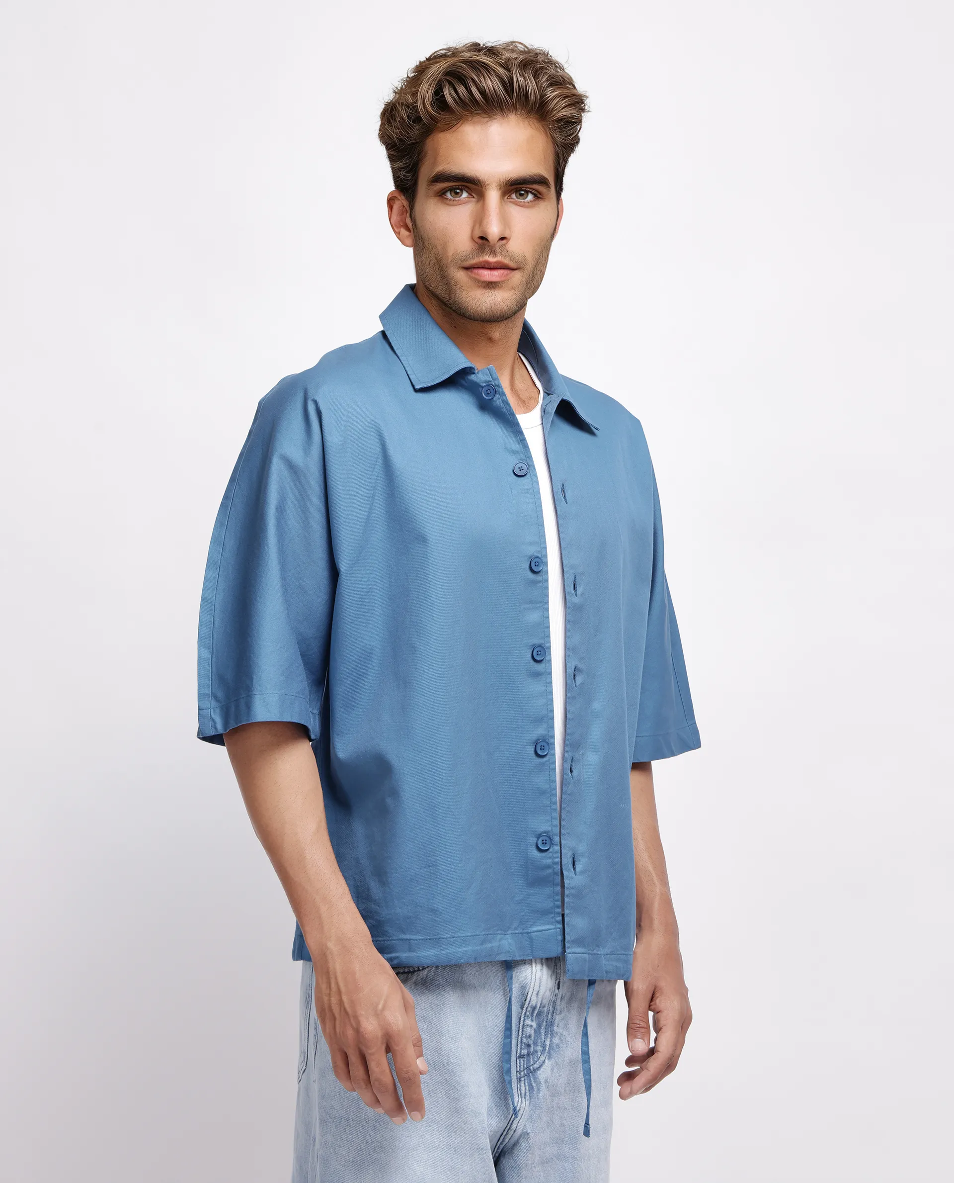 Rare Rabbit Men's Twillt Blue Cotton Plain Oversized Fit Full Sleeve Collared Shirt - Image 7
