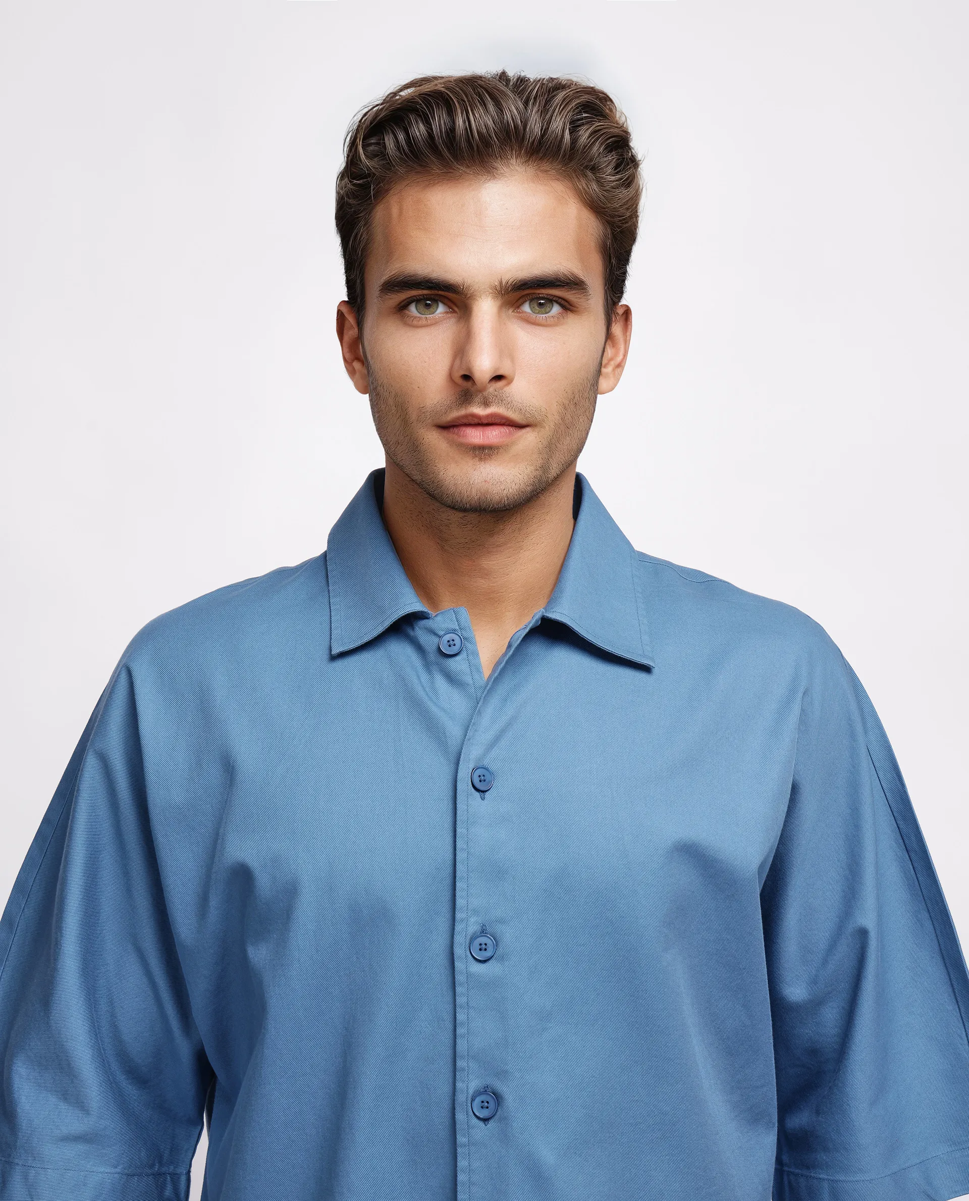 Rare Rabbit Men's Twillt Blue Cotton Plain Oversized Fit Full Sleeve Collared Shirt - Image 8