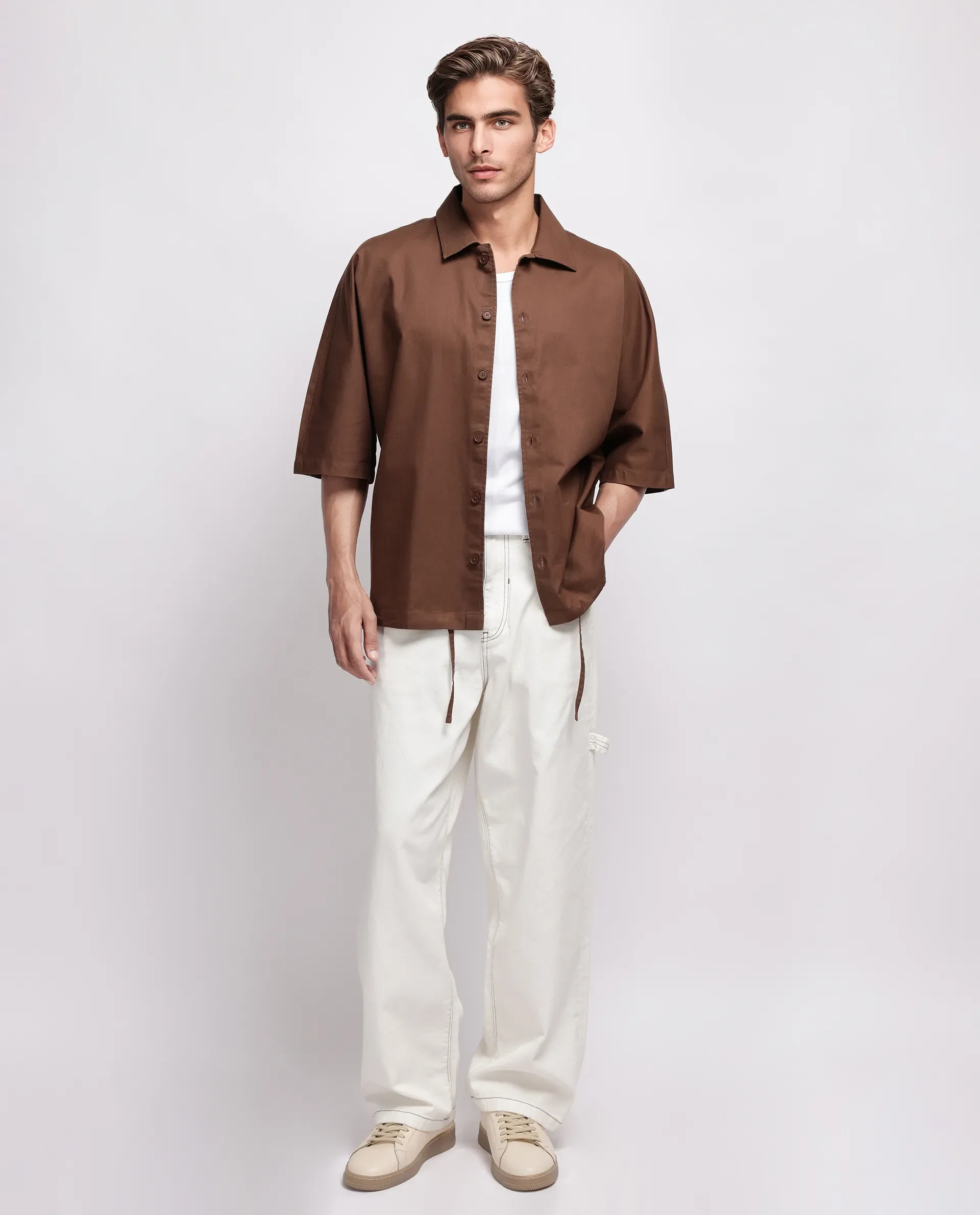 Rare Rabbit Men's Twillt Brown Cotton Plain Oversized Fit Full Sleeve Collared Shirt - Image 2