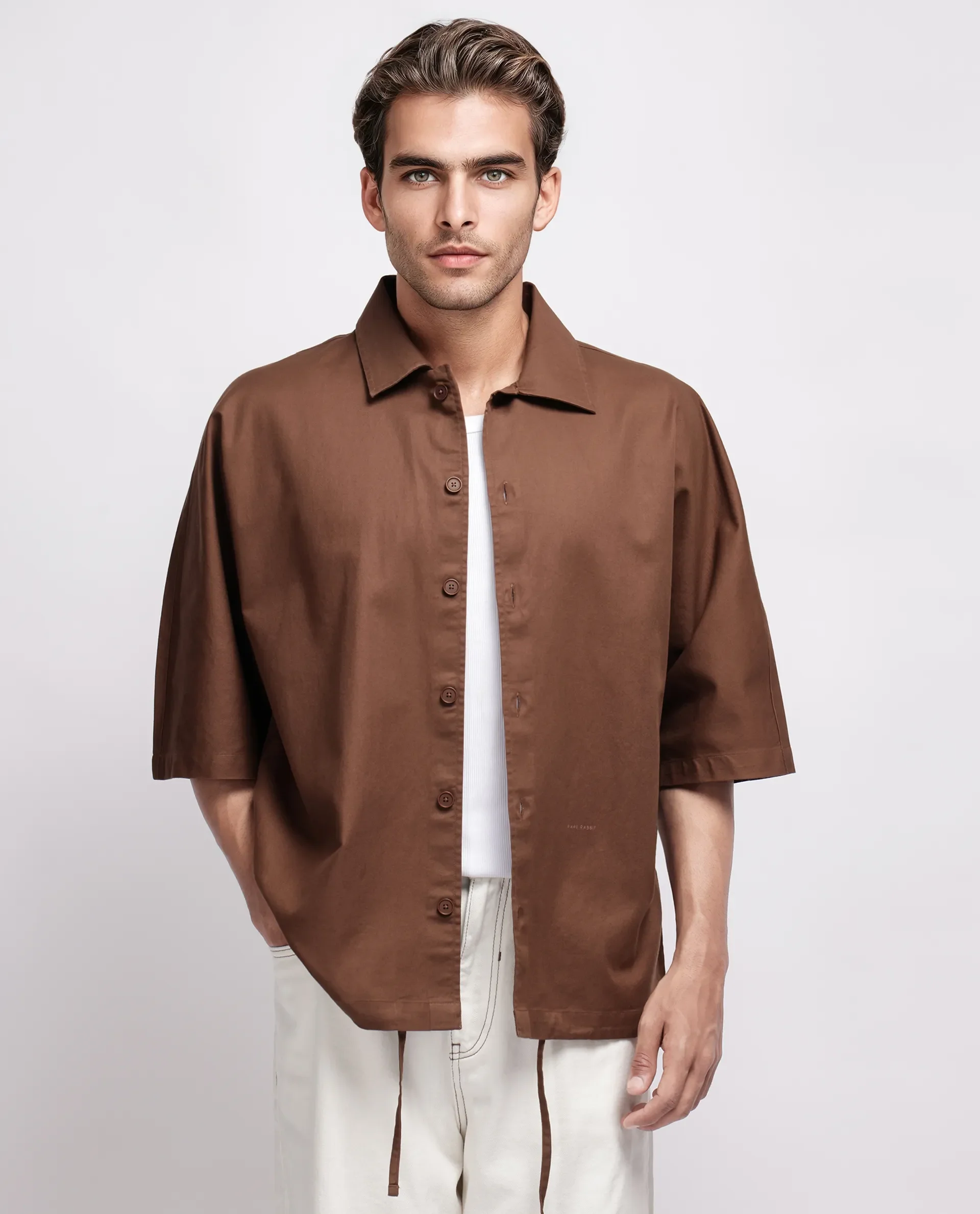 Rare Rabbit Men's Twillt Brown Cotton Plain Oversized Fit Full Sleeve Collared Shirt - Image 5