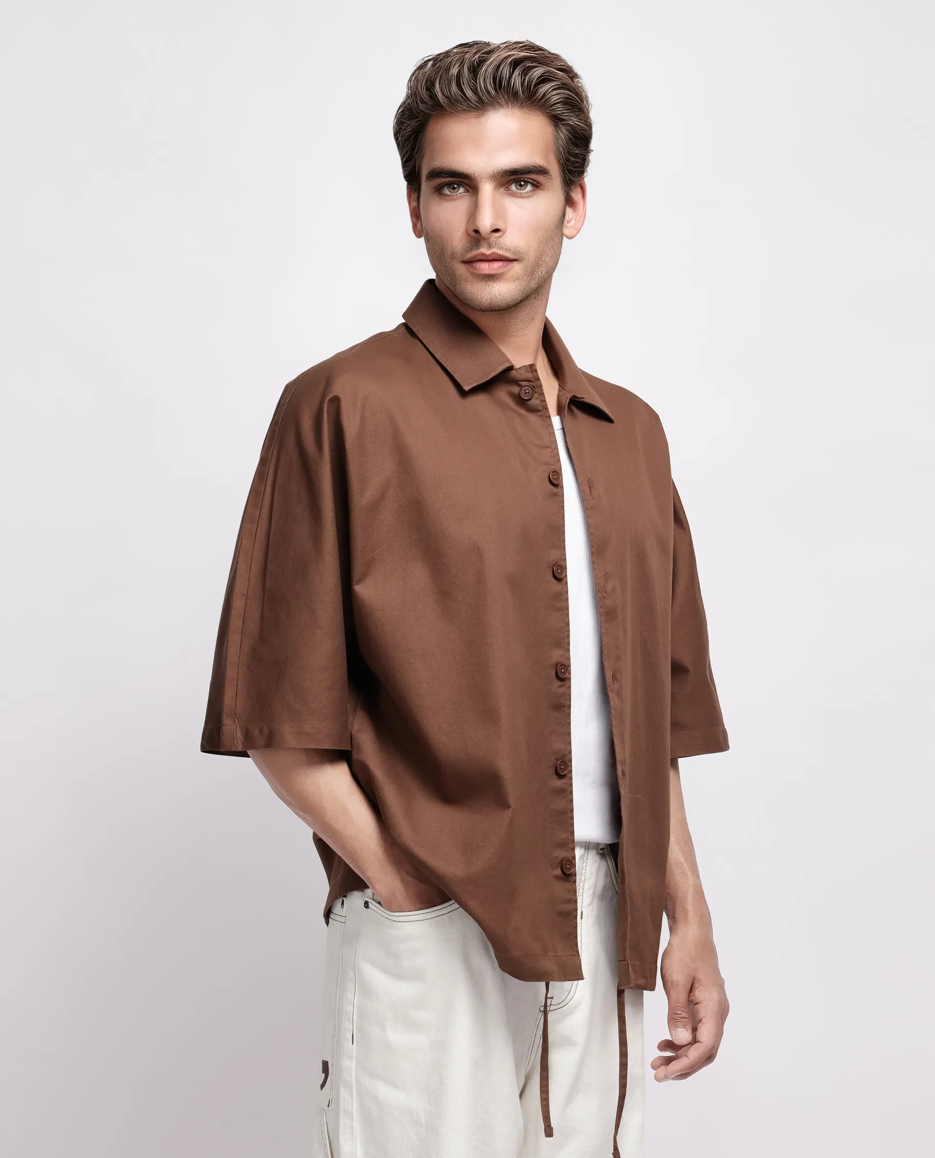 Rare Rabbit Men's Twillt Brown Cotton Plain Oversized Fit Full Sleeve Collared Shirt - Image 6
