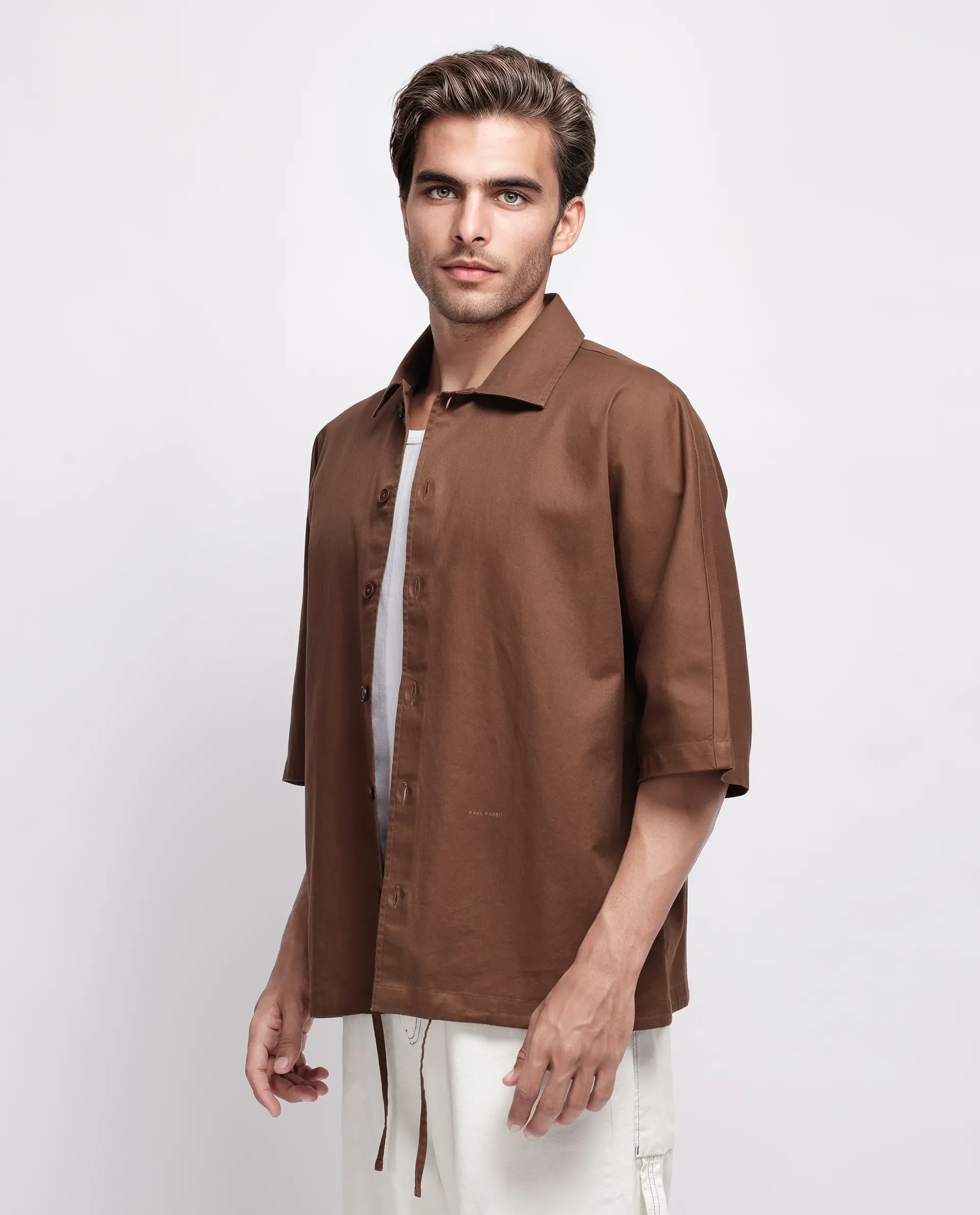 Rare Rabbit Men's Twillt Brown Cotton Plain Oversized Fit Full Sleeve Collared Shirt - Image 7