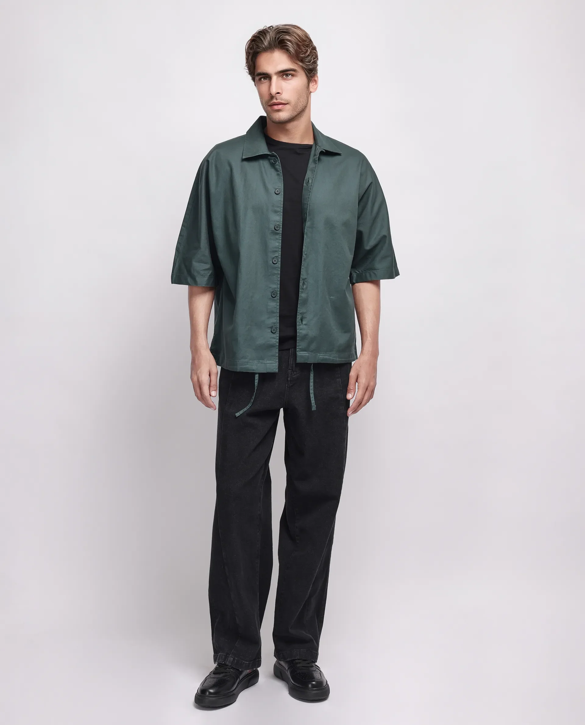 Rare Rabbit Men's Twillt Dark Green Cotton Plain Oversized Fit Full Sleeve Collared Shirt - Image 2