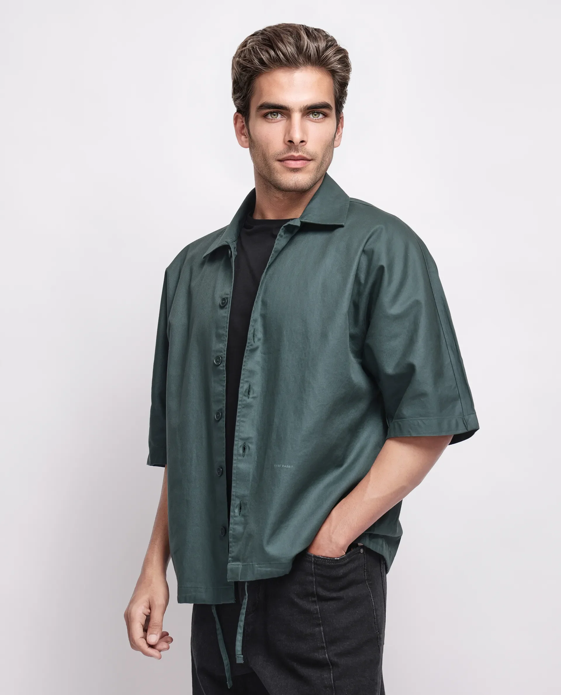 Rare Rabbit Men's Twillt Dark Green Cotton Plain Oversized Fit Full Sleeve Collared Shirt - Image 5
