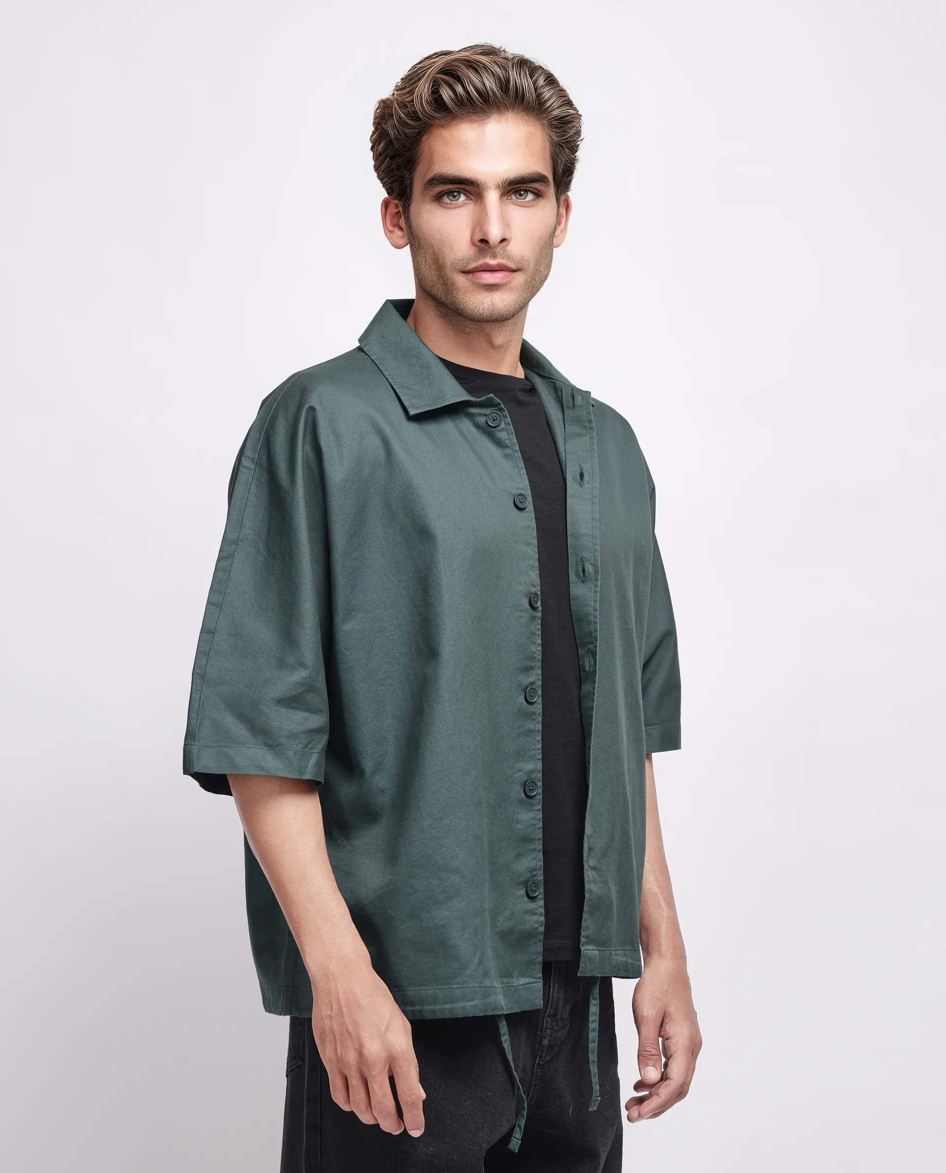 Rare Rabbit Men's Twillt Dark Green Cotton Plain Oversized Fit Full Sleeve Collared Shirt - Image 6