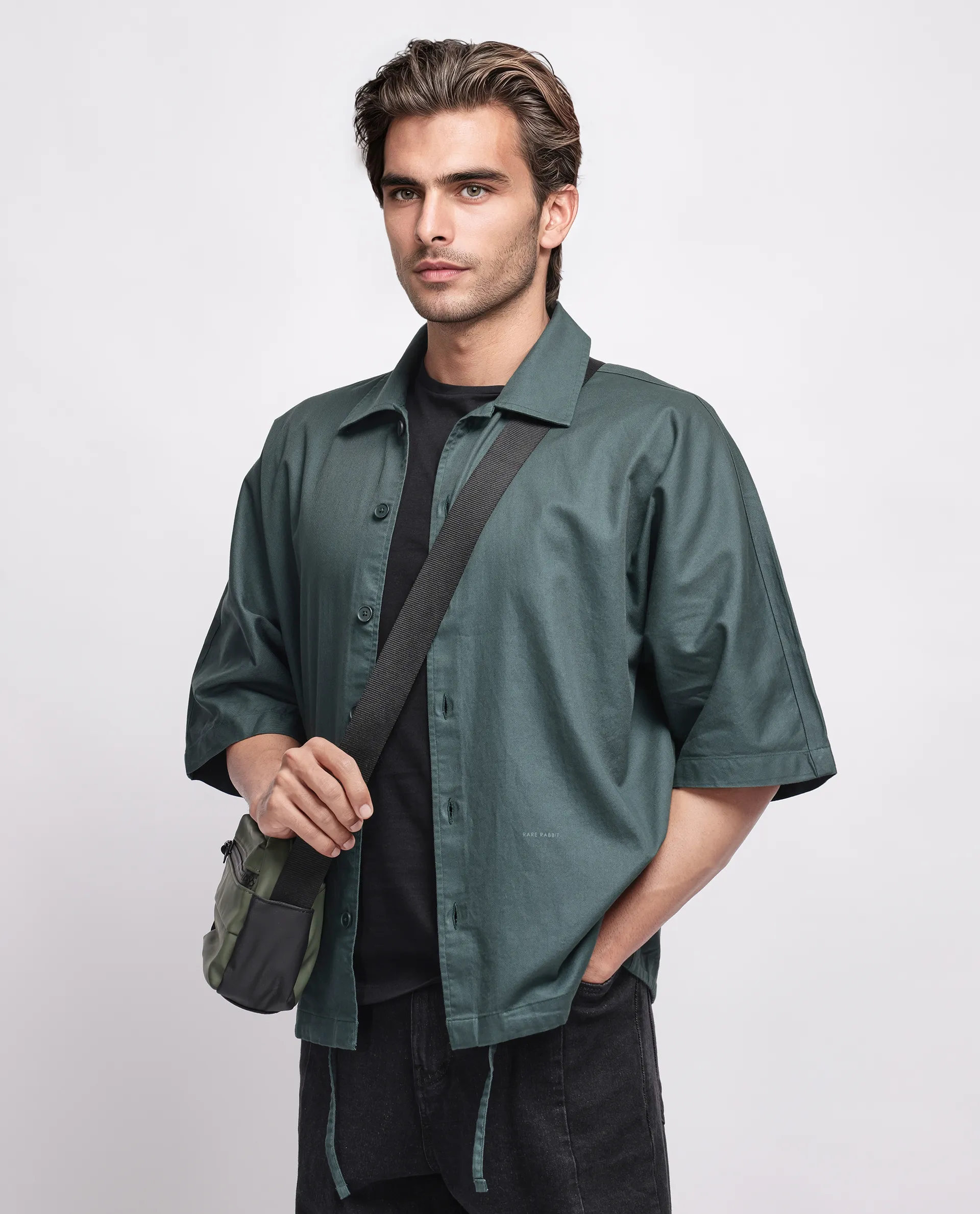 Rare Rabbit Men's Twillt Dark Green Cotton Plain Oversized Fit Full Sleeve Collared Shirt - Image 7