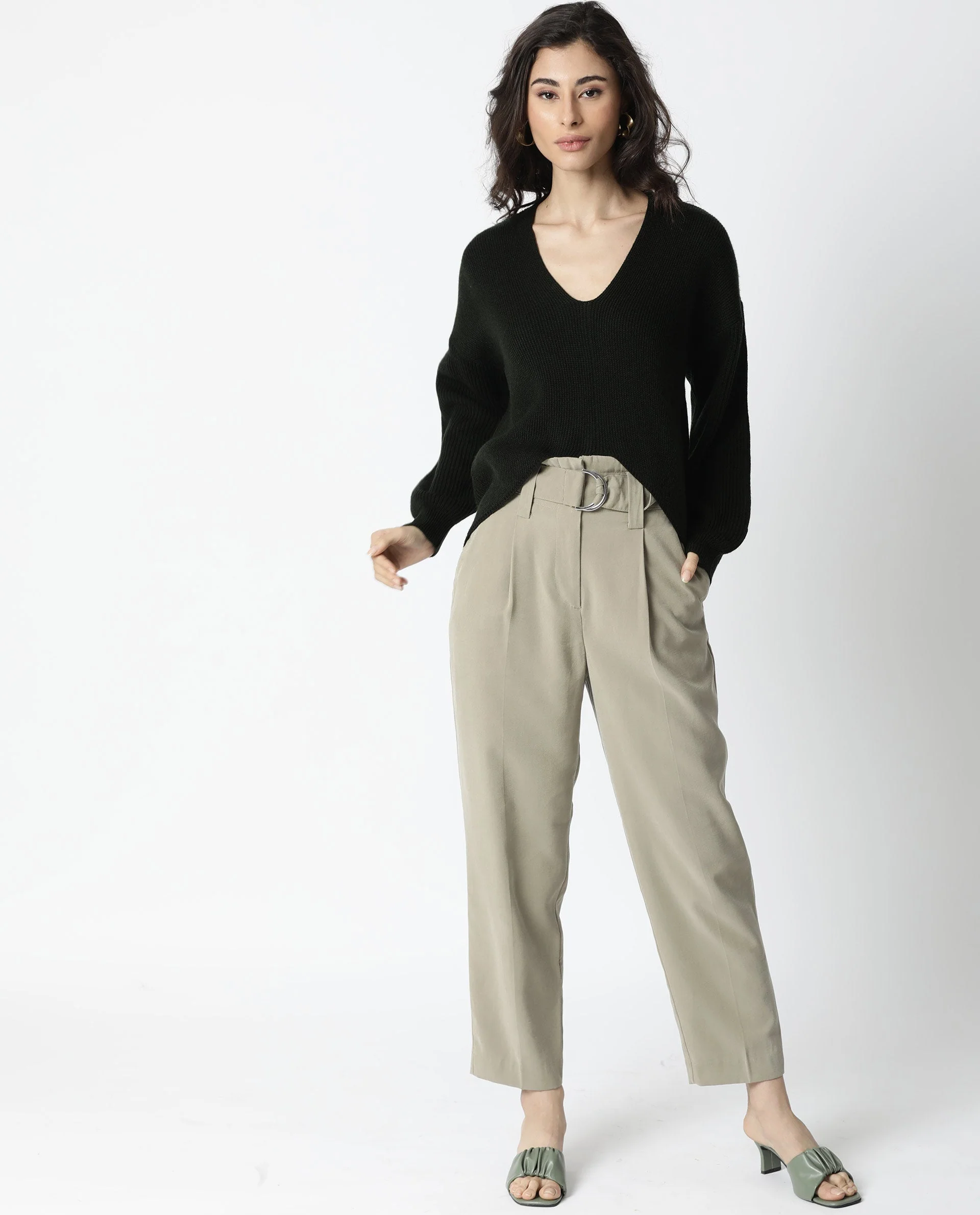 Rareism Women's Twirl Green Acrylic V-Neck Plain Relaxed Fit Top - Image 5