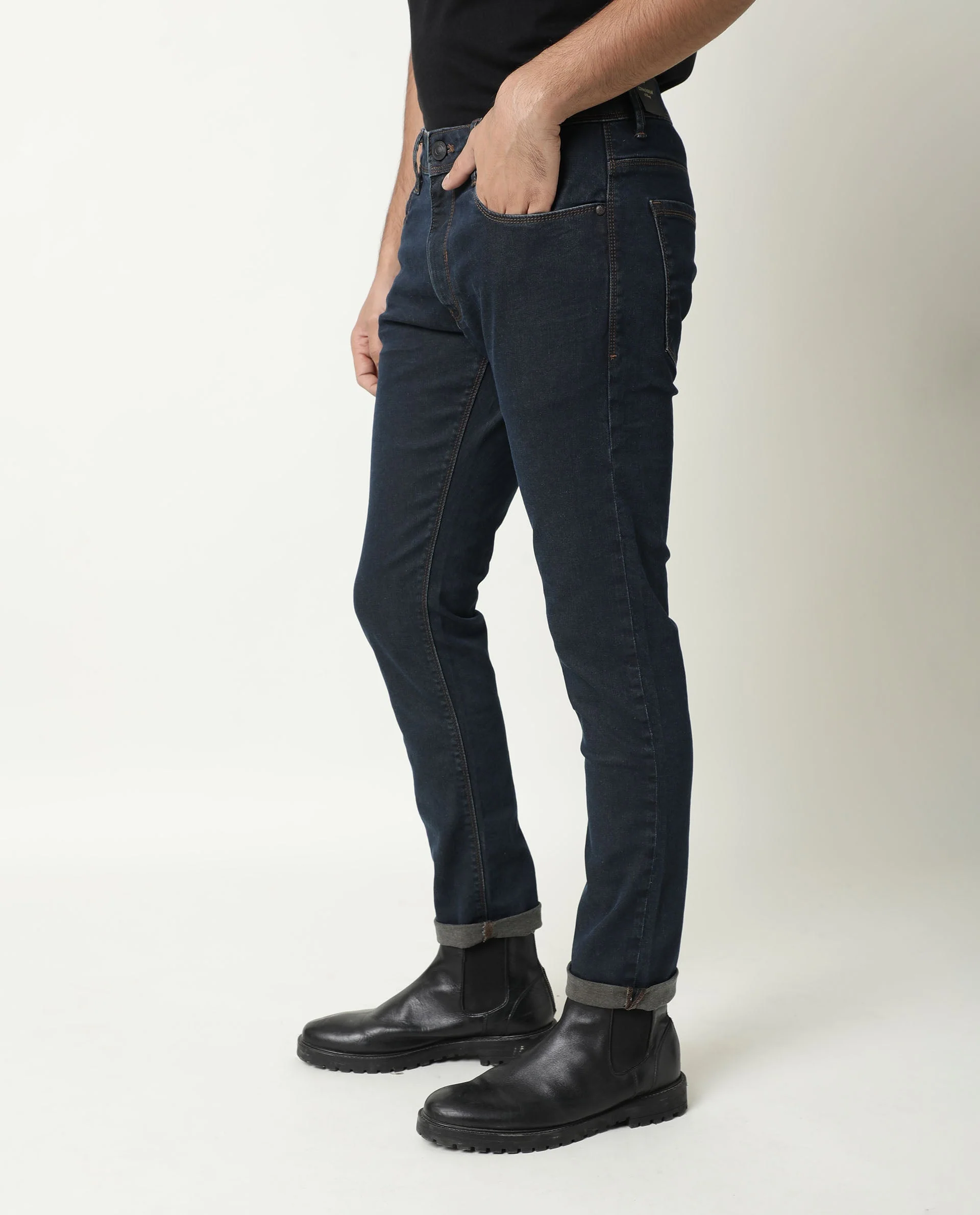 Rare Rabbit Men's Twix Brown Cotton Plain Hawk Slim Fit Jeans - Image 4