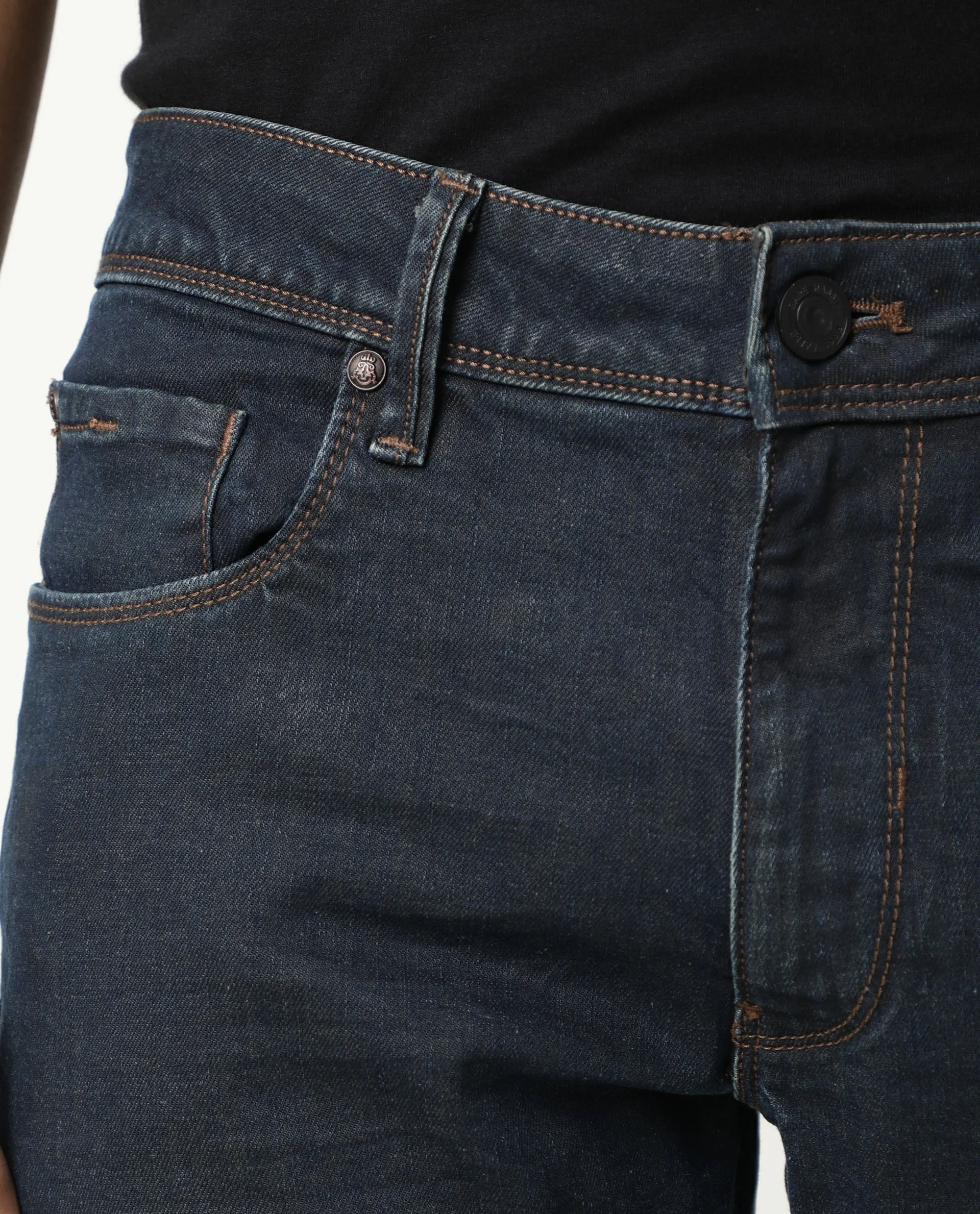 Rare Rabbit Men's Twix Brown Cotton Plain Hawk Slim Fit Jeans - Image 7