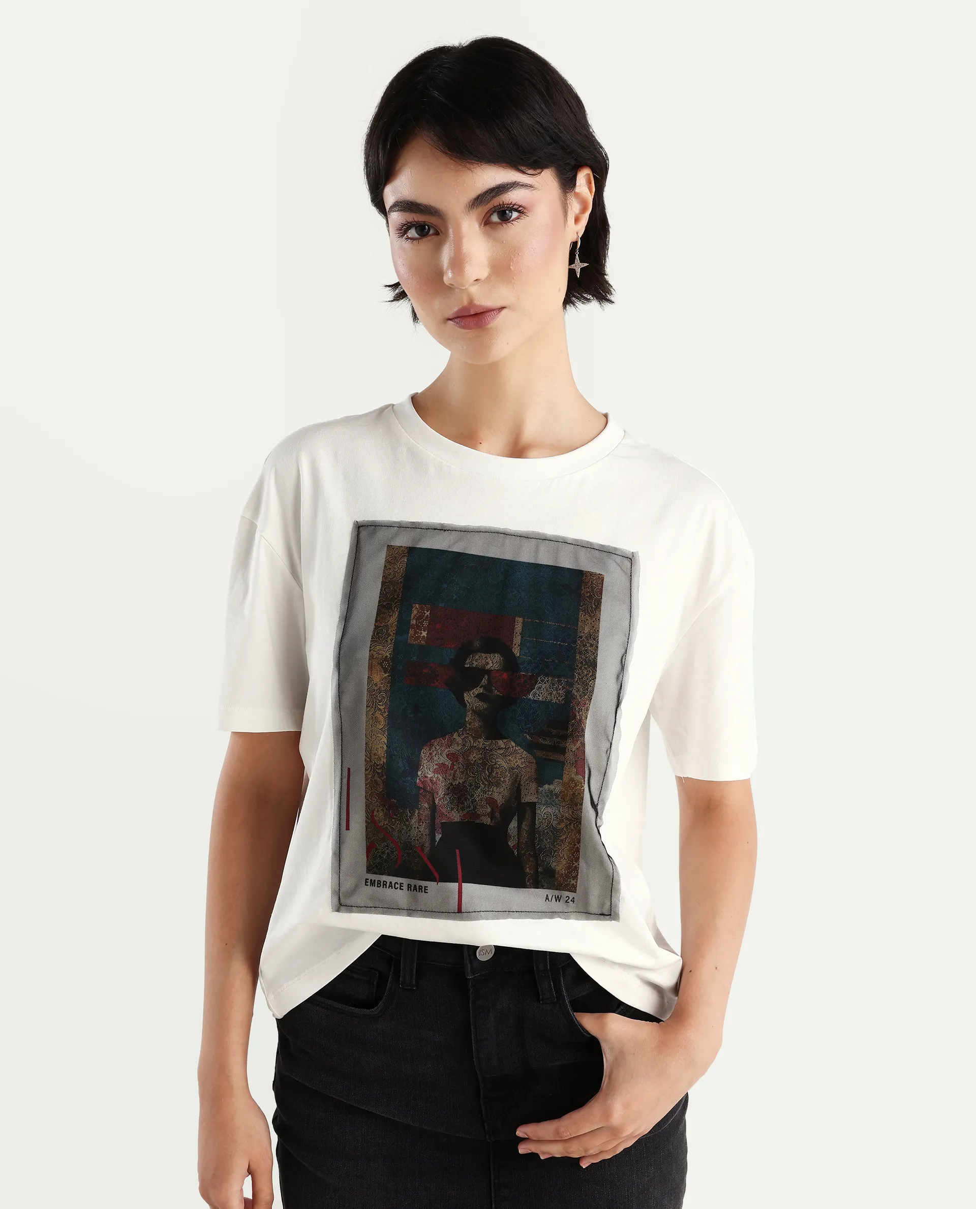 Rareism Women's Twixt Off White Cotton Blend Crew Neck Graphic Print Relaxed Fit T-Shirt - Image 4