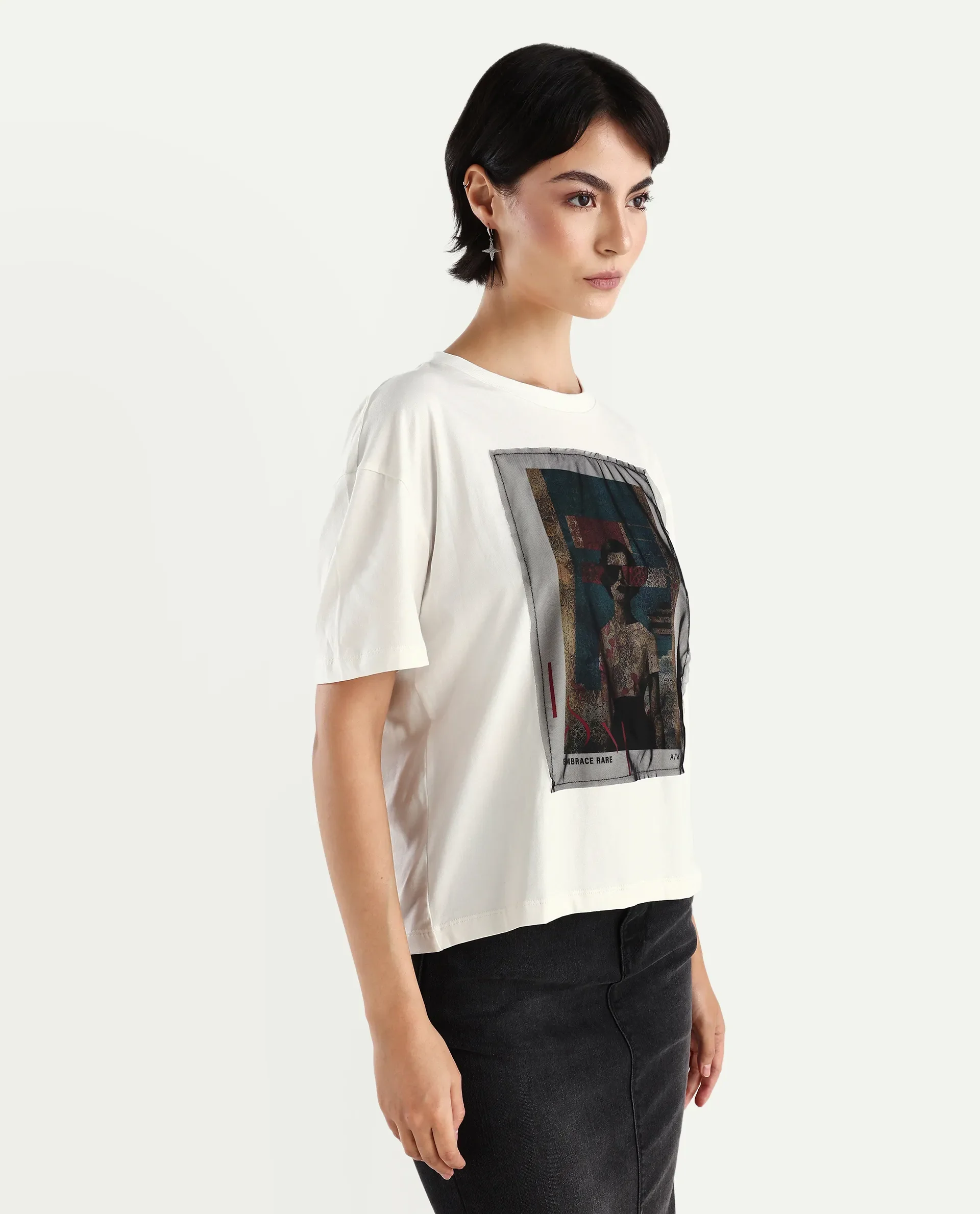 Rareism Women's Twixt Off White Cotton Blend Crew Neck Graphic Print Relaxed Fit T-Shirt - Image 5