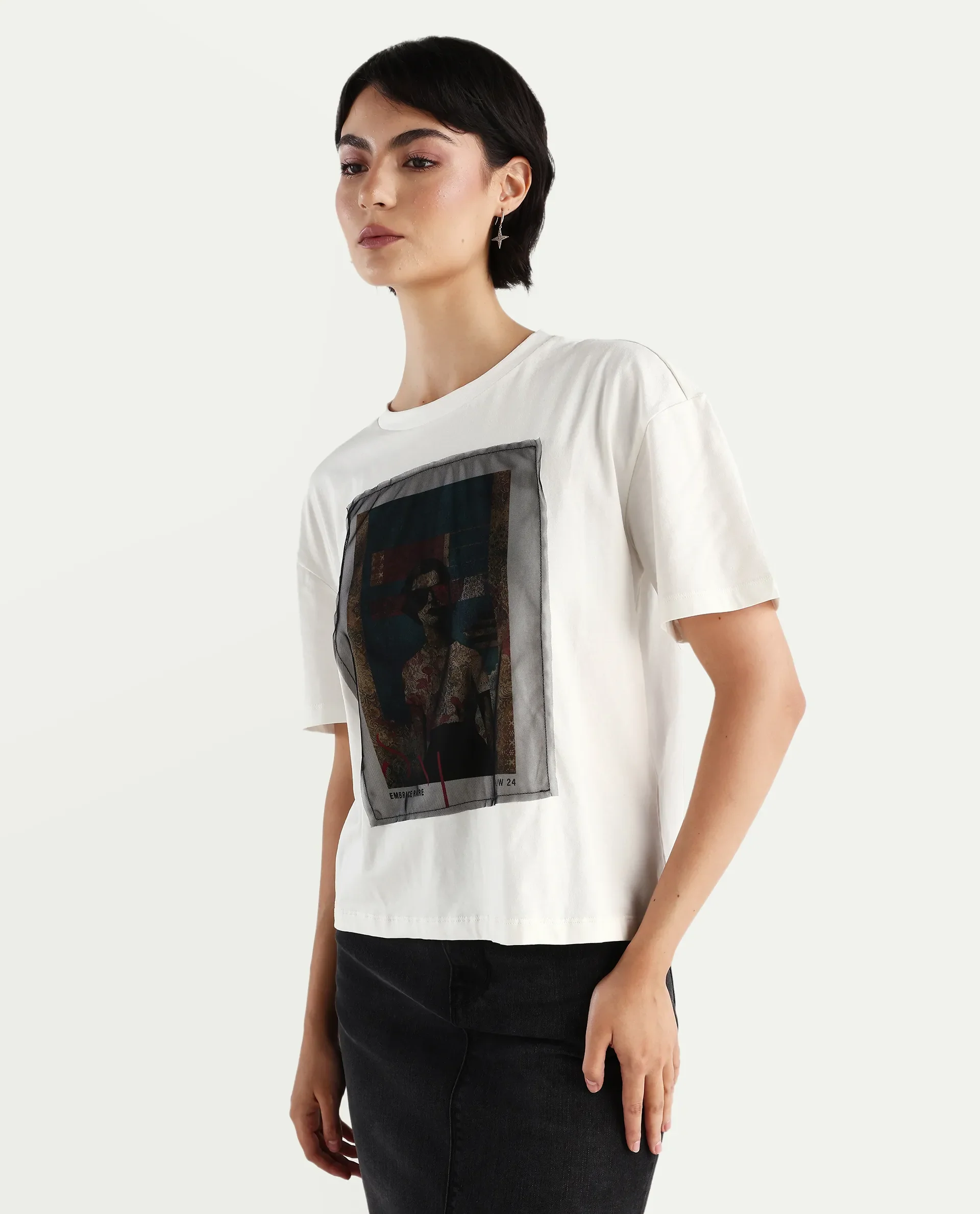 Rareism Women's Twixt Off White Cotton Blend Crew Neck Graphic Print Relaxed Fit T-Shirt - Image 6