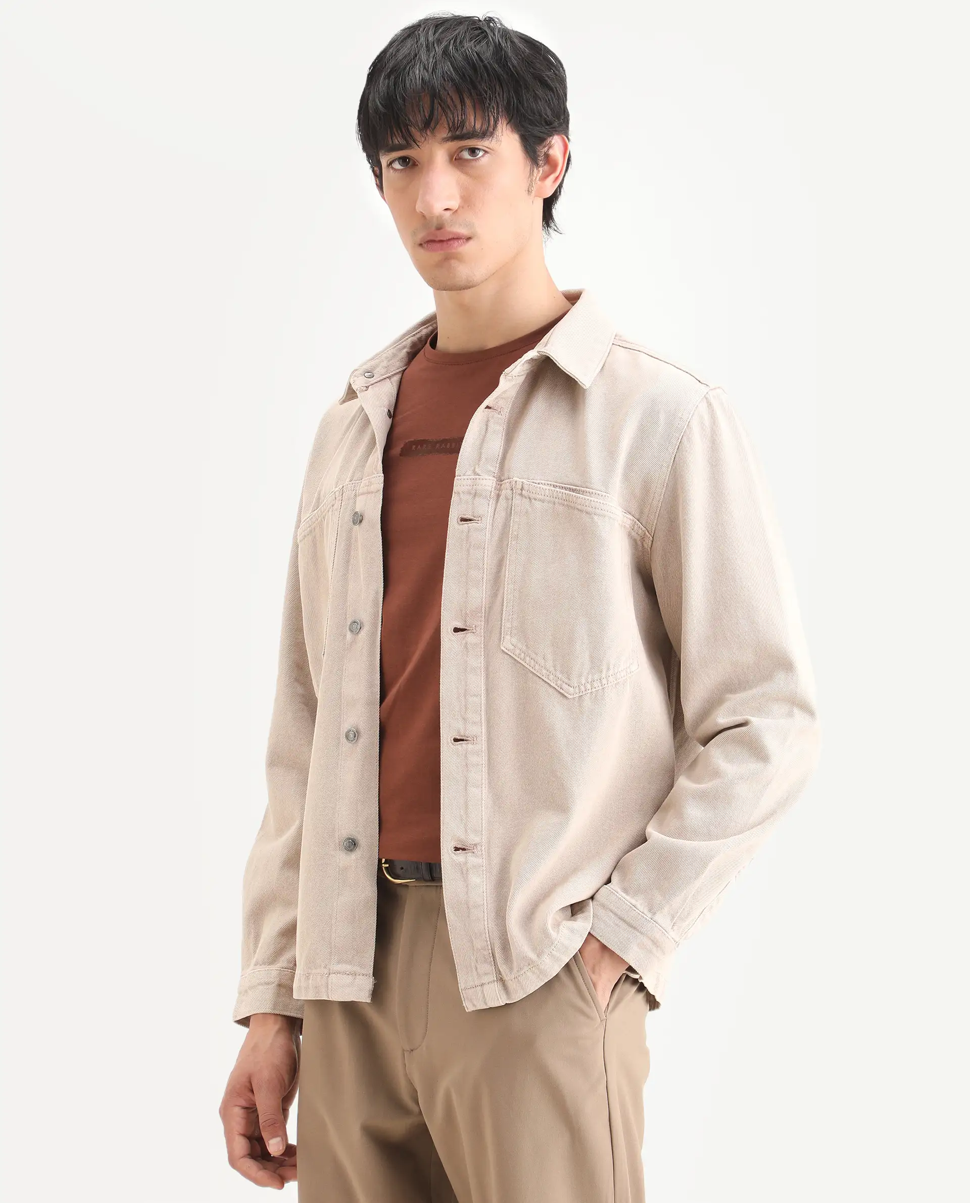 Rare Rabbit Men's Tycho Beige Cotton Plain Oversized Fit Full Sleeve Spread Collar Jacket - Image 5