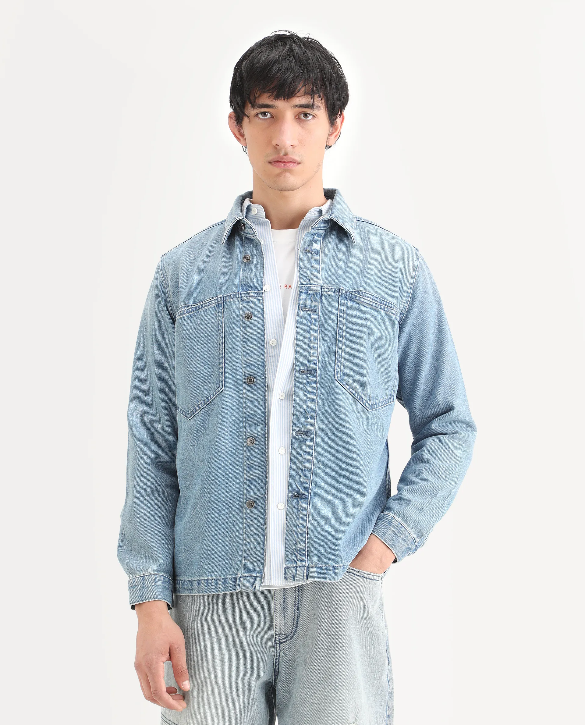 Rare Rabbit Men's Tycho Blue Cotton Plain Oversized Fit Full Sleeve Spread Collar Jacket - Image 3