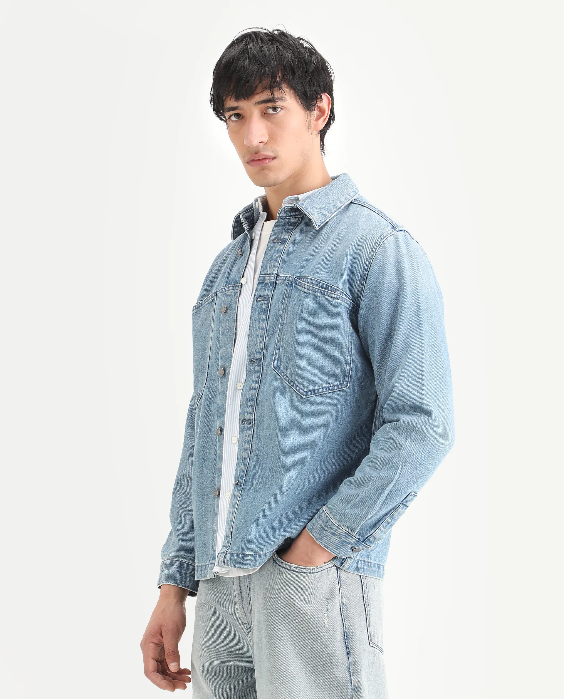 Rare Rabbit Men's Tycho Blue Cotton Plain Oversized Fit Full Sleeve Spread Collar Jacket - Image 5