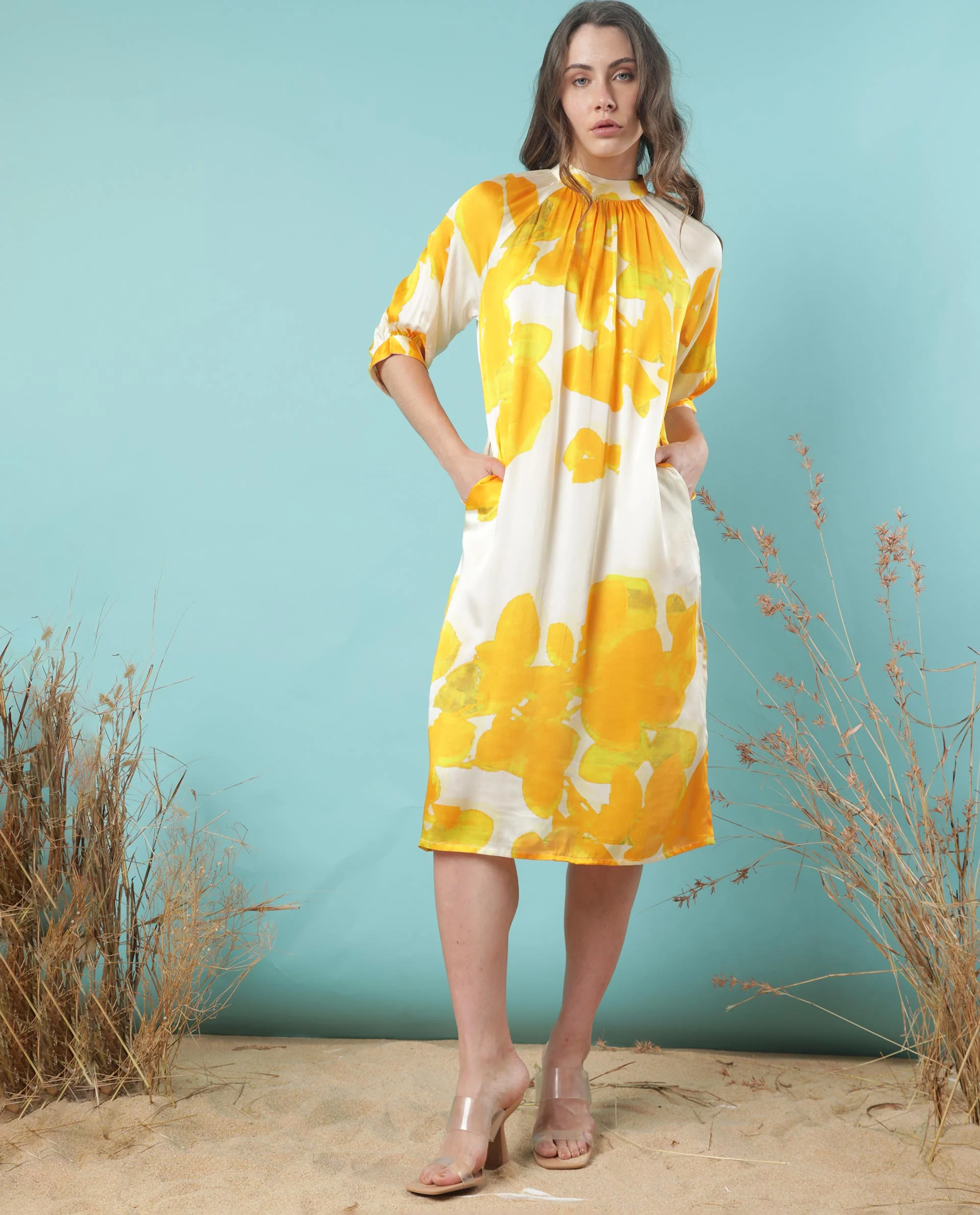 Rareism Women's Tycoon Yellow Modal Blend High Neck Abstract Print Knee Length Regular Fit Dress