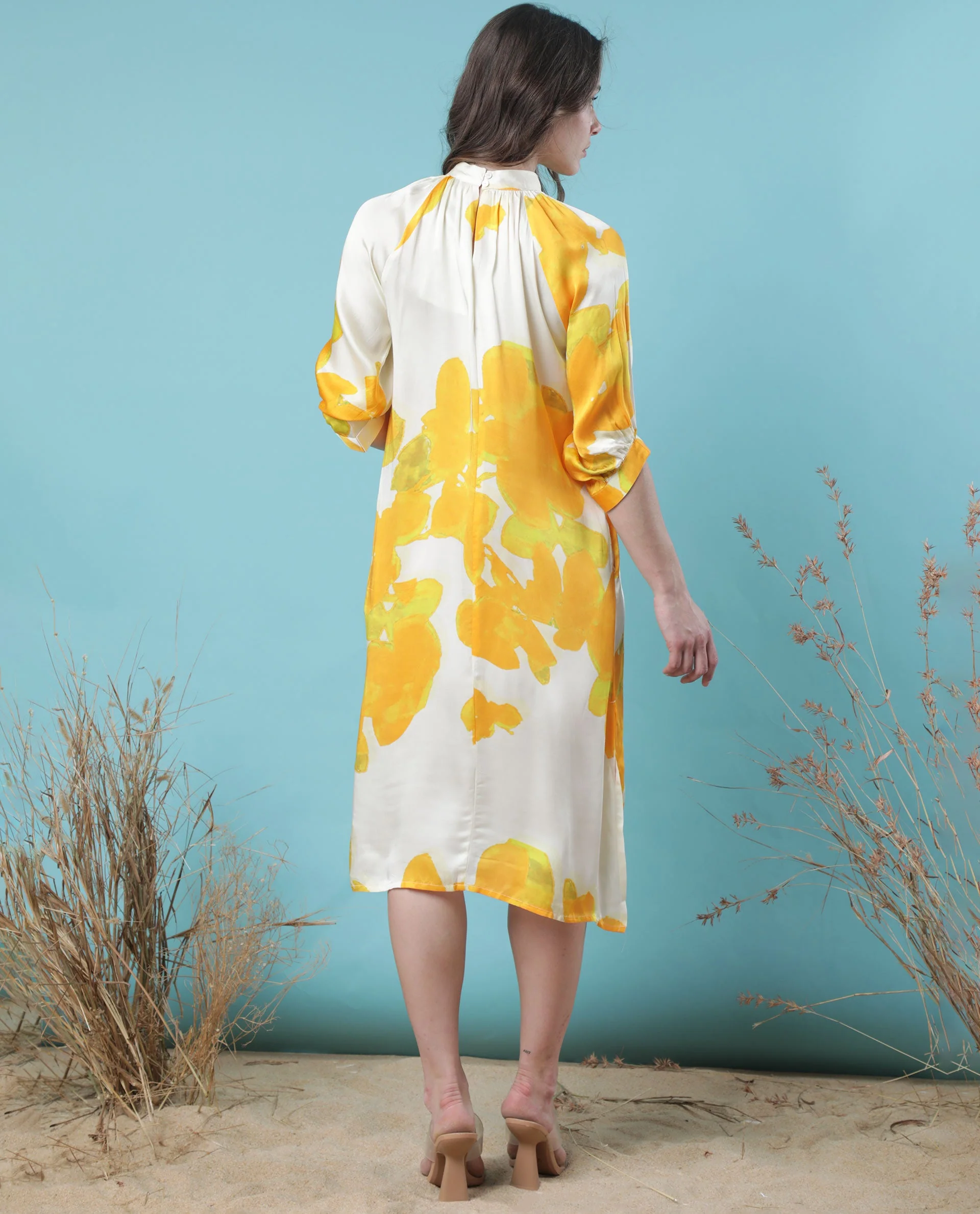 Rareism Women's Tycoon Yellow Modal Blend High Neck Abstract Print Knee Length Regular Fit Dress - Image 10