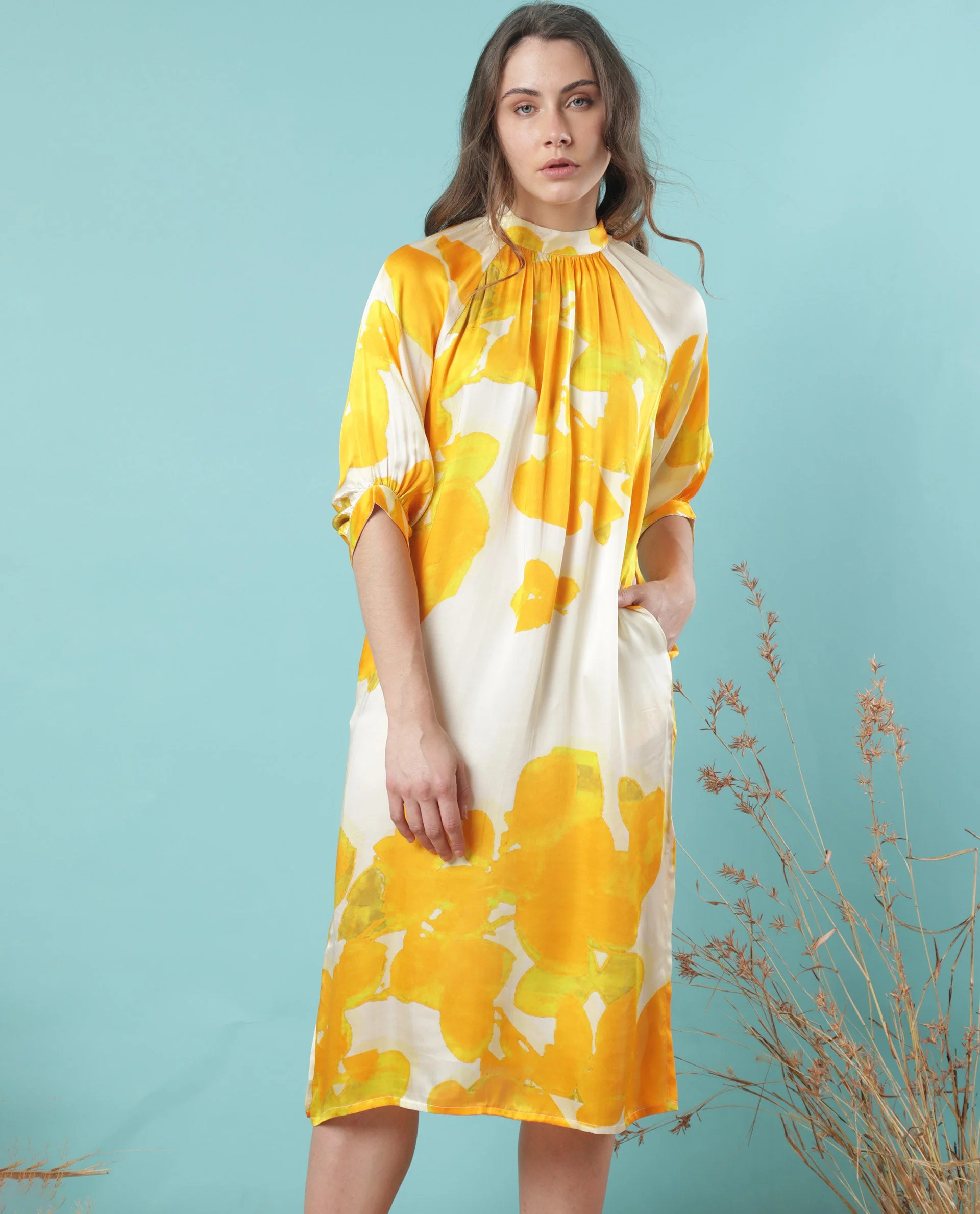 Rareism Women's Tycoon Yellow Modal Blend High Neck Abstract Print Knee Length Regular Fit Dress - Image 2