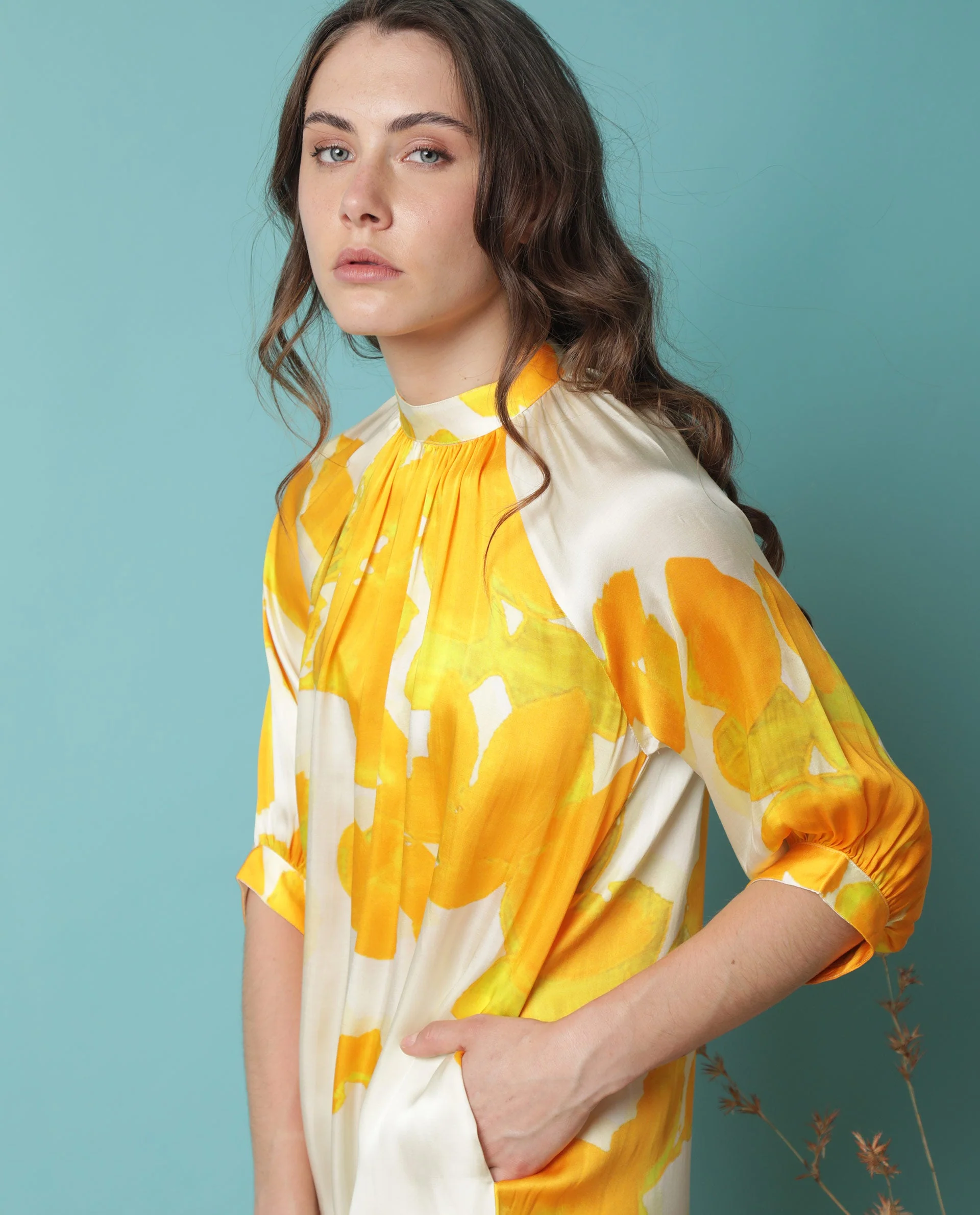 Rareism Women's Tycoon Yellow Modal Blend High Neck Abstract Print Knee Length Regular Fit Dress - Image 3