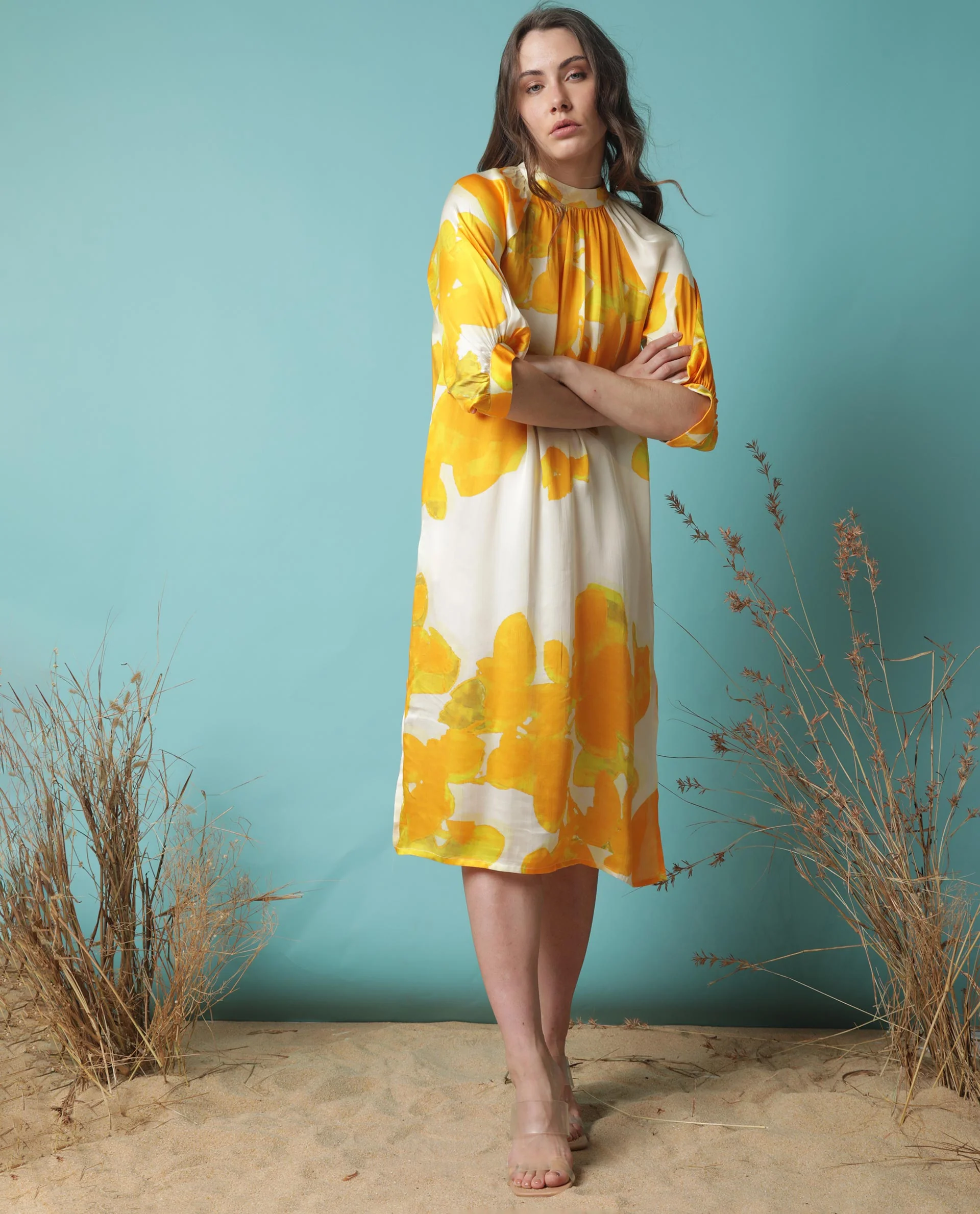Rareism Women's Tycoon Yellow Modal Blend High Neck Abstract Print Knee Length Regular Fit Dress - Image 4