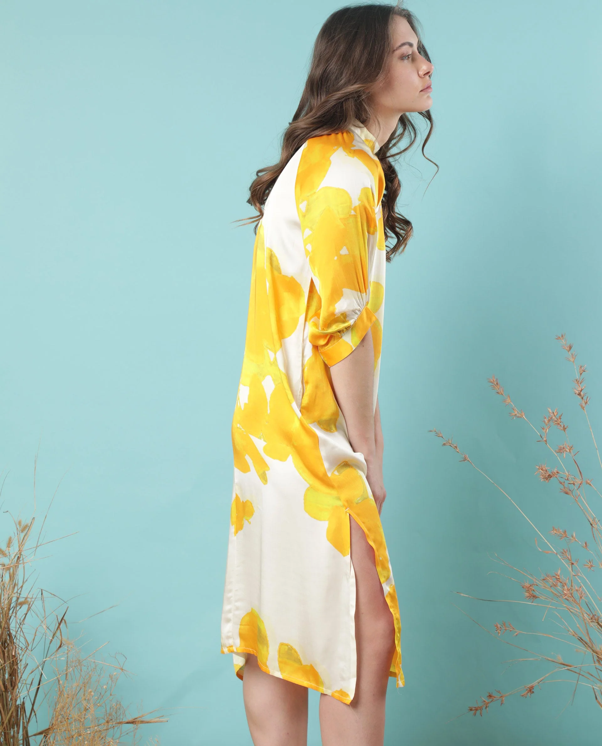 Rareism Women's Tycoon Yellow Modal Blend High Neck Abstract Print Knee Length Regular Fit Dress - Image 5