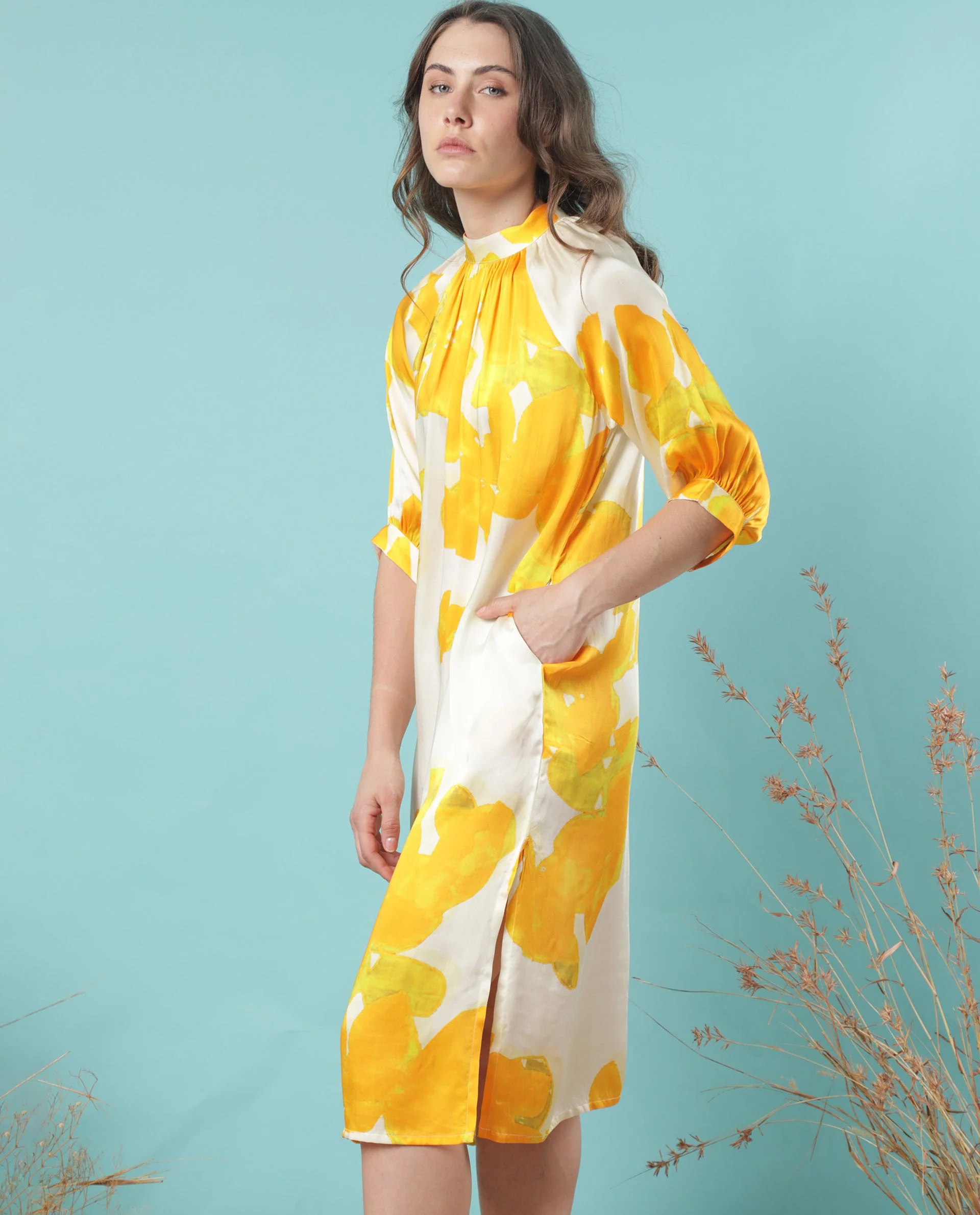 Rareism Women's Tycoon Yellow Modal Blend High Neck Abstract Print Knee Length Regular Fit Dress - Image 6